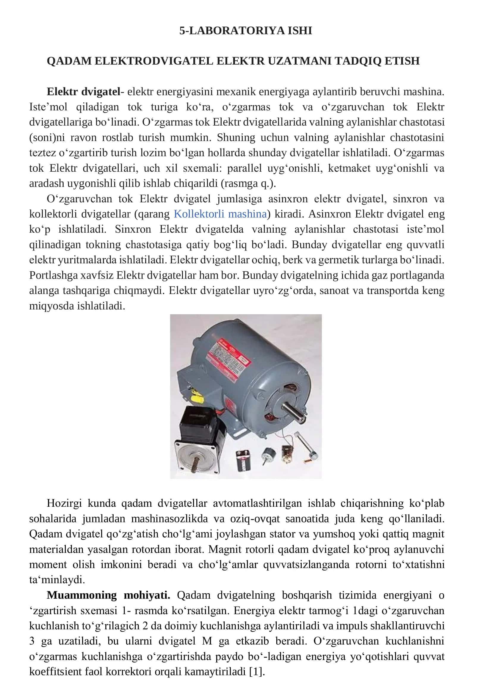 QADAM ELEKTRODVIGATEL ELEKTR UZATMANI TADQIQ ETISH 1