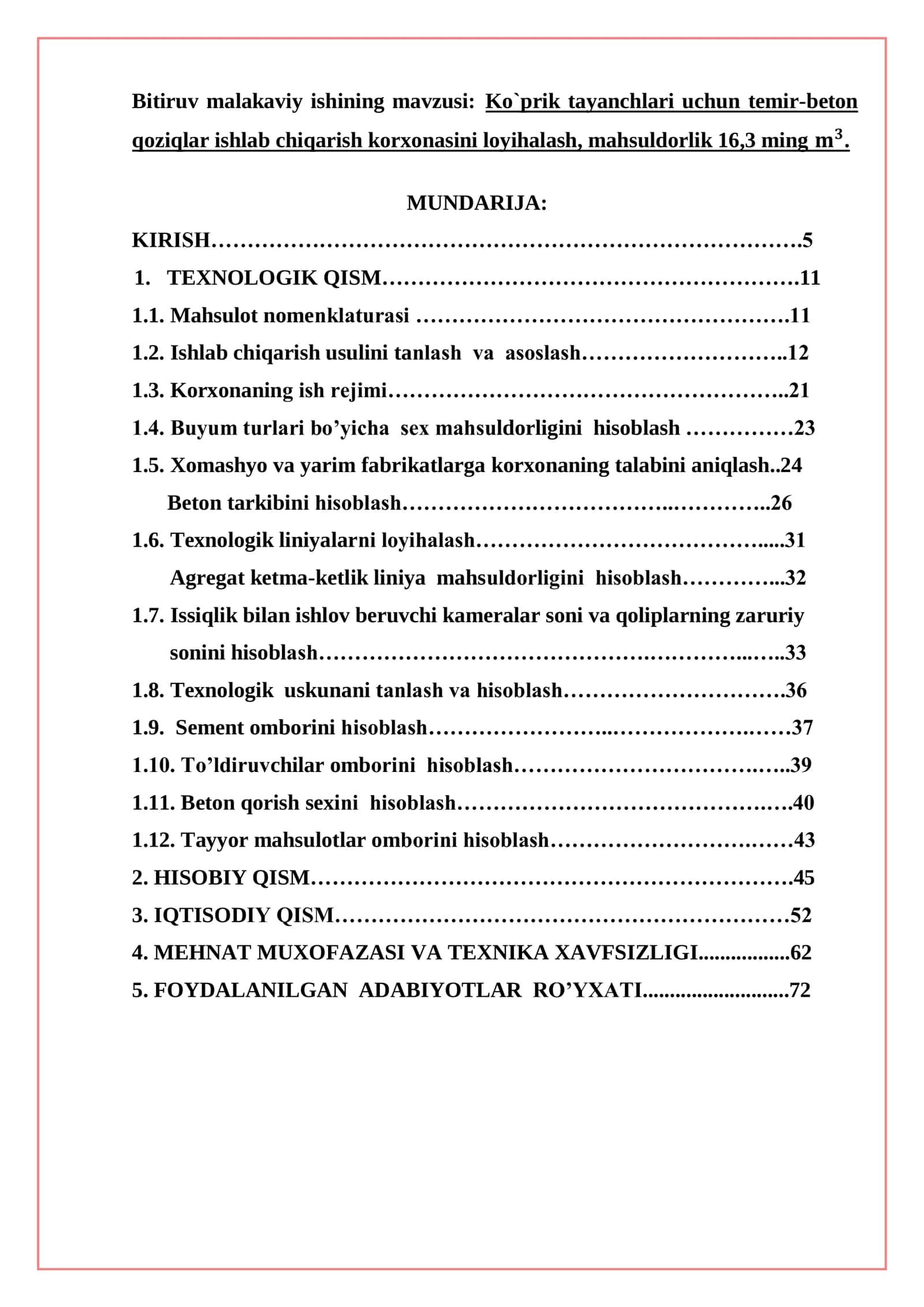 Ko`prik tayanchlari uchun temir-beton qoziqlar ishlab chiqarish korxonasini loyihalash 1