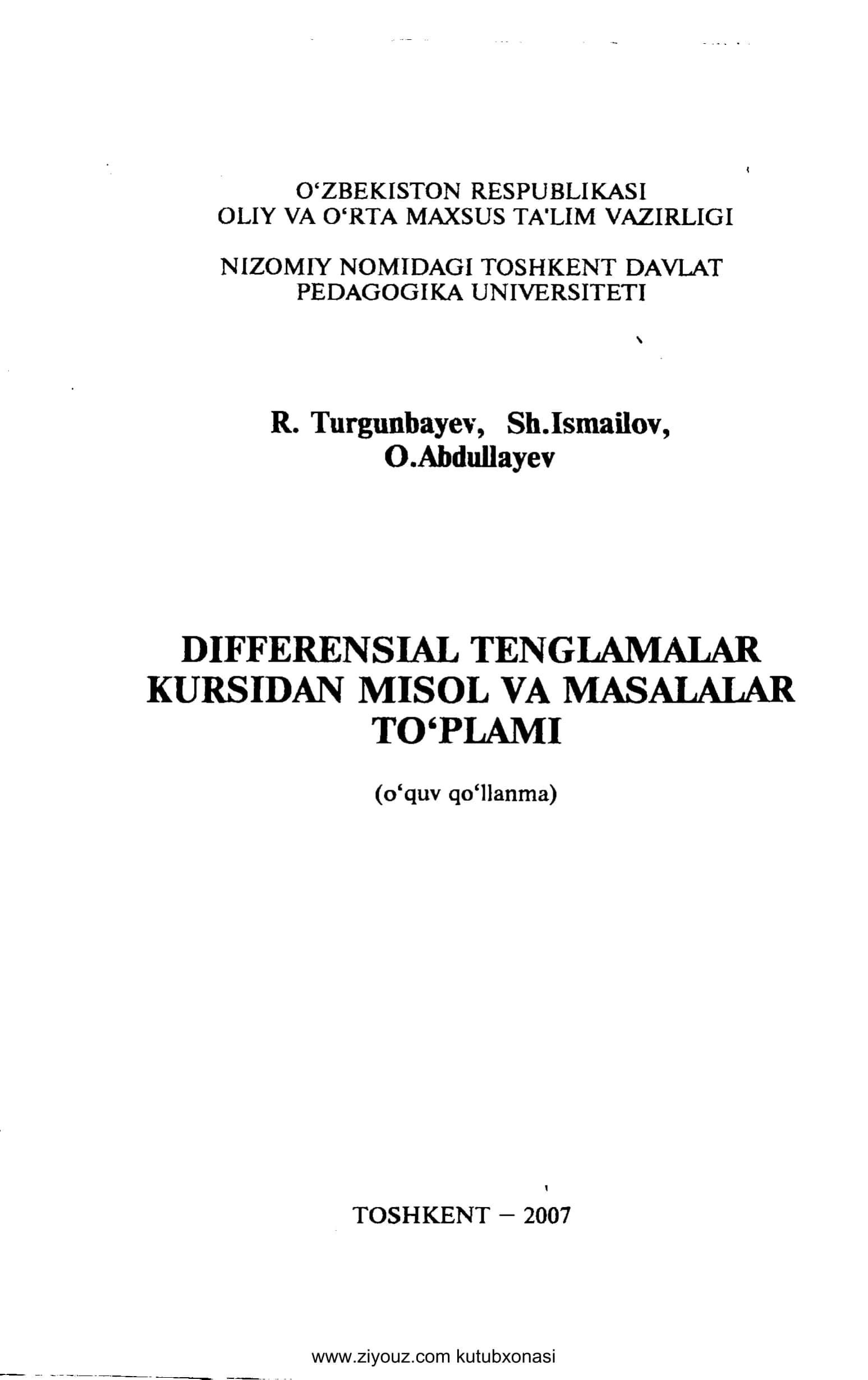 DIFFERENSIAL TENGLAMALAR KURSIDAN MISOL VA MASALALAR TO‘PLAMI 1