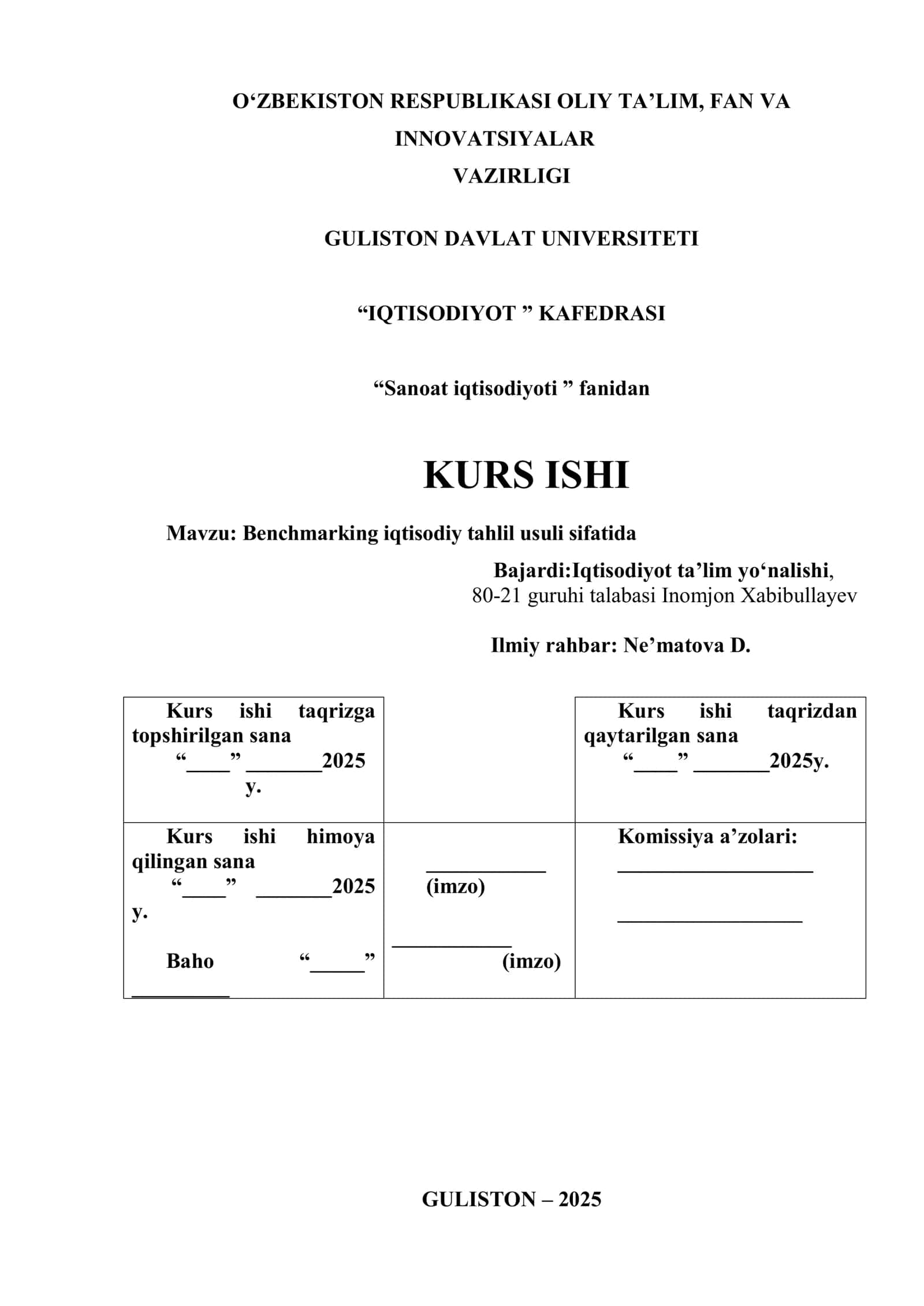 Benchmarking iqtisodiy tahlil usuli sifatida 1