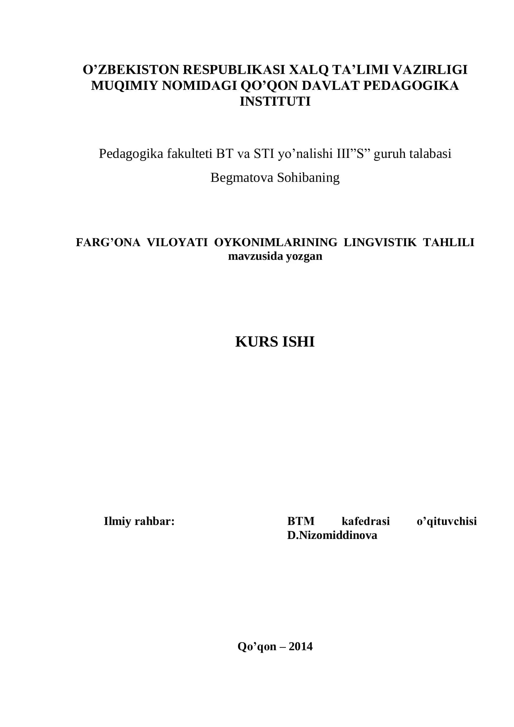 FАRG’ОNА VILОYATI ОYKОNIMLАRINING LINGVISTIK TАHLILI 1