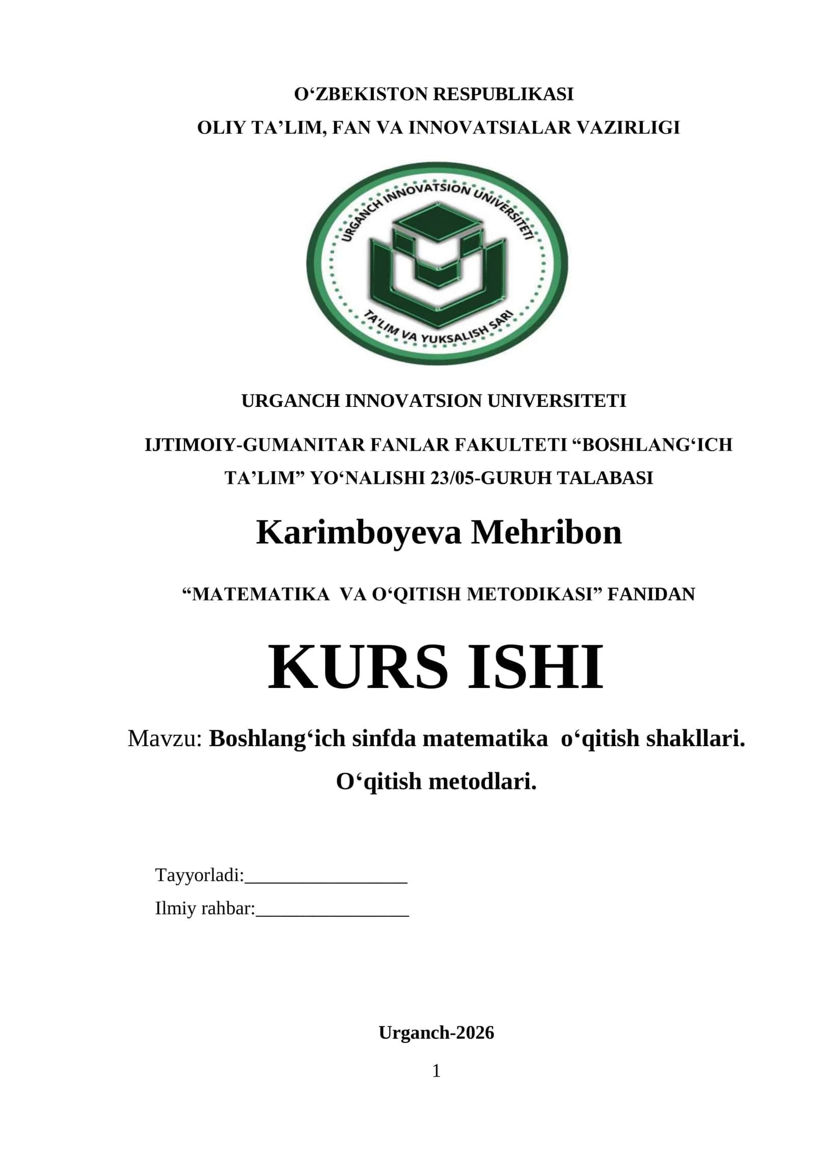 Boshlangʻich sinfda matematika o‘qitish shakllari. O‘qitish metodlari 1