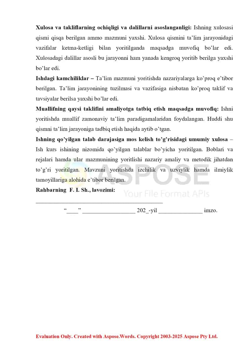 Kurs  ishiga   rahbar  xulosasi shablon 2