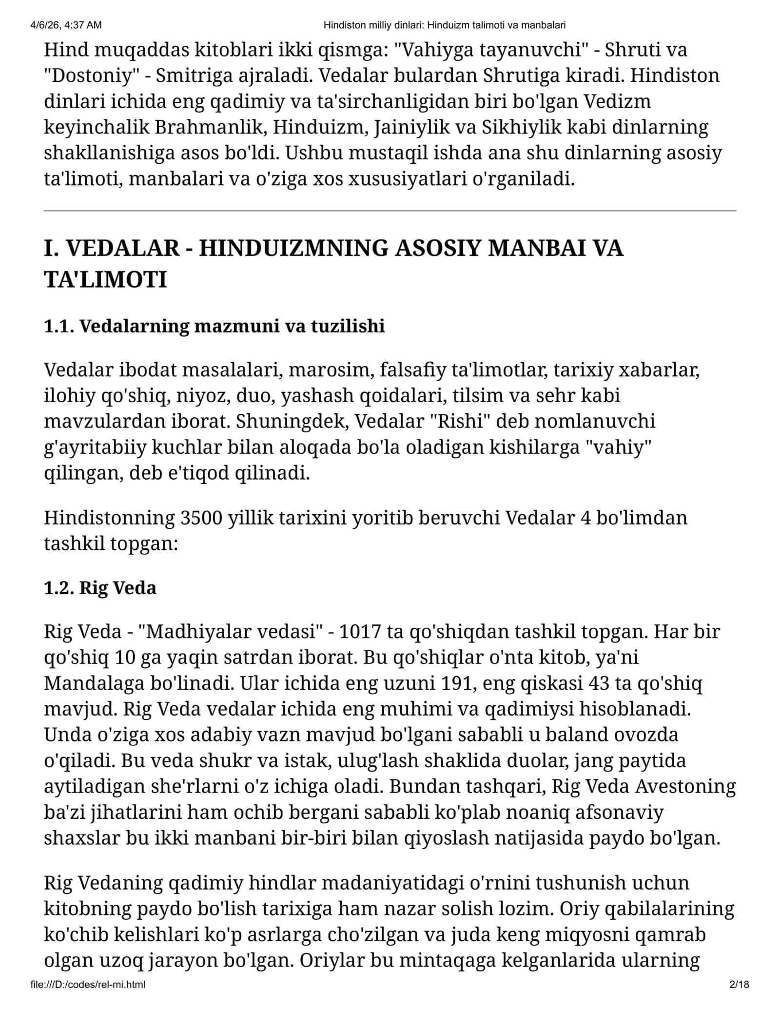 Mustaqil ish: Hindiston milliy dinlari: Hinduizm ta'limoti va manbalari 2
