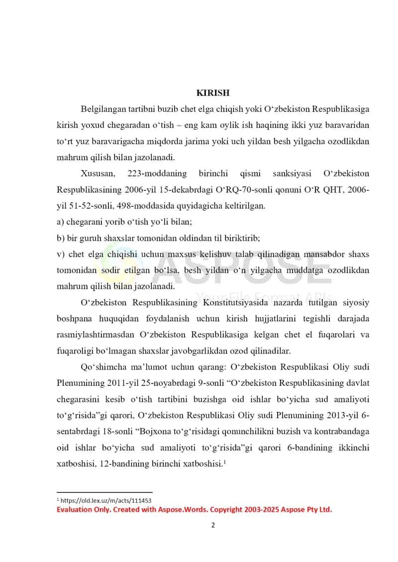 Qonunga xilof ravishda chet elga chiqish yoki O‘zbekiston Respublikasiga kirish 2