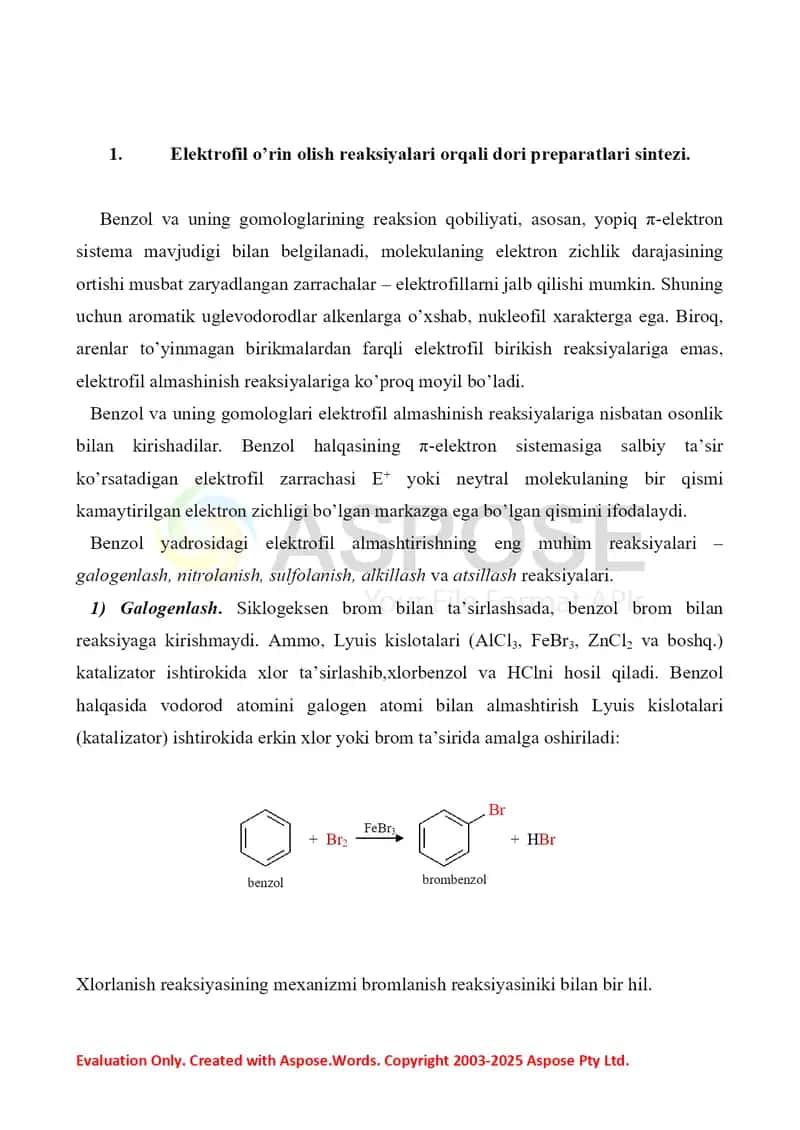3. Aromatik uglevodorodlar asosida olinadigan dori preparatlari. Referat 7 bet. 2