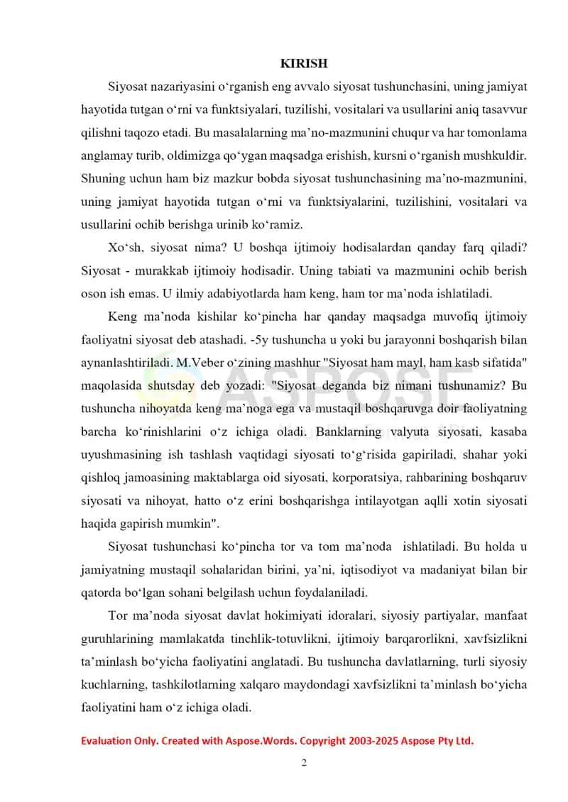 Referat+test «Siyosat ijtimoiy hayotning turli sohalari bilan o‘zaro munosabati» 2