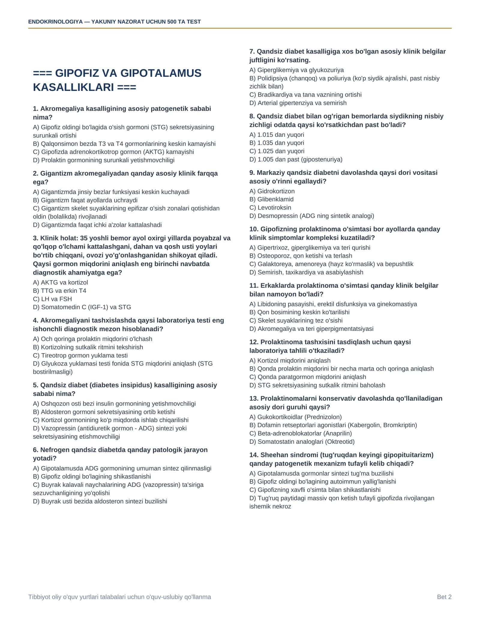 Endokrinologiya — yakuniy nazorat uchun 500 ta test savoli + javoblari 2