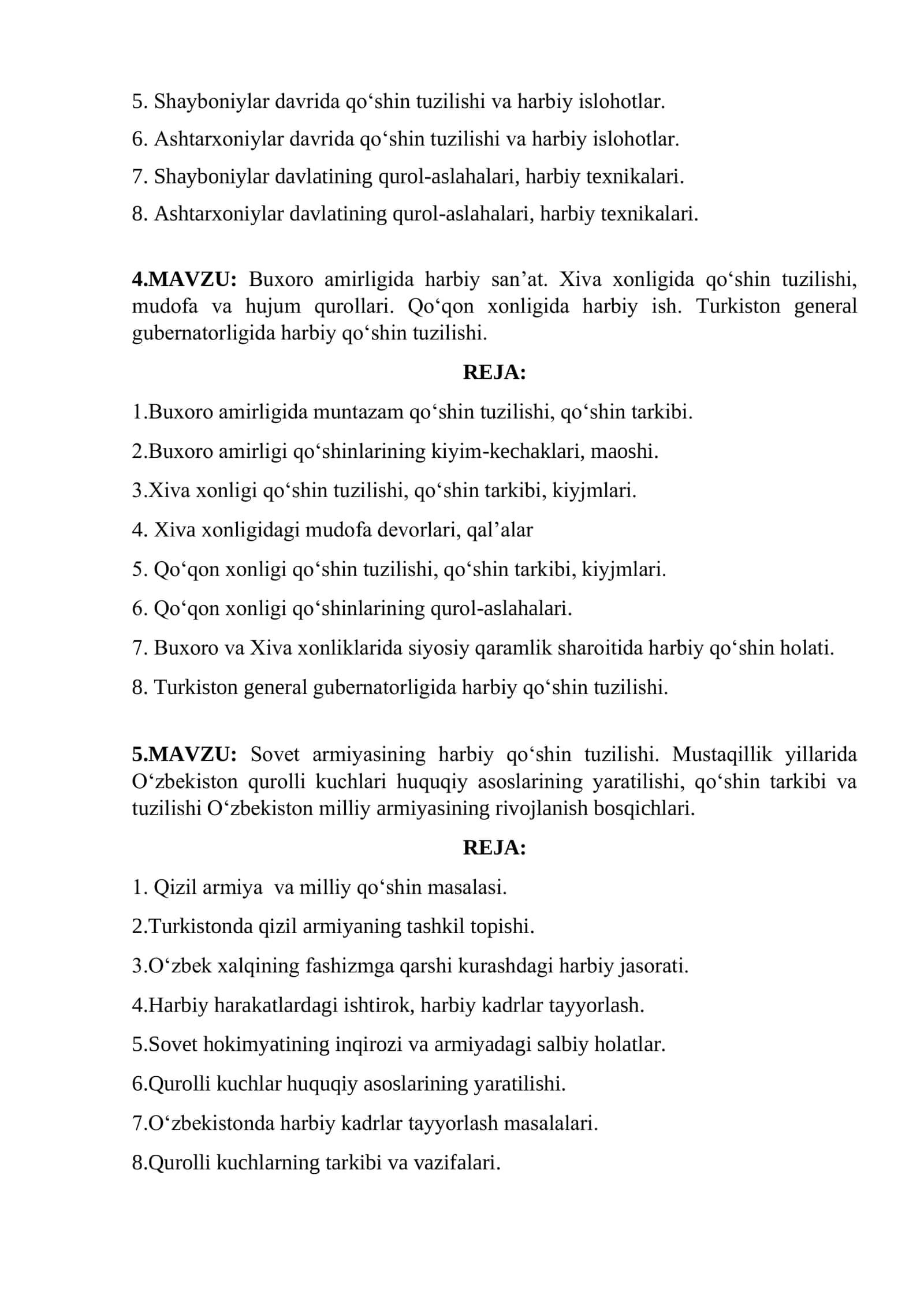 O‘ZBEKISTONDA HARBIY ISH TARIXI FANIDAN SEMINAR SAVOLLARI 2