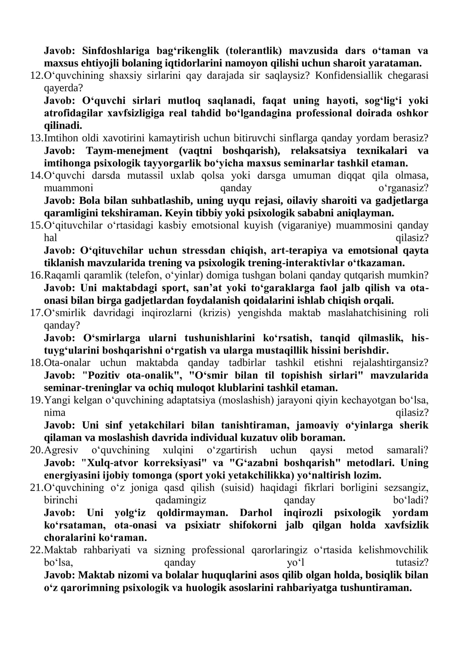 Maktab maslahatchisi lavozimi uchun suhbat savollari va javoblari 1-variant 2