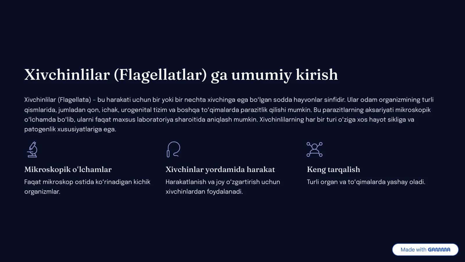 Odamlarda parazitlik qiluvchi sodda xayvonlar: xivchinlilar odam parazitlari: tripanosomalar, leyshmaniyalar, trixomonodalar, lyambliyalar 2