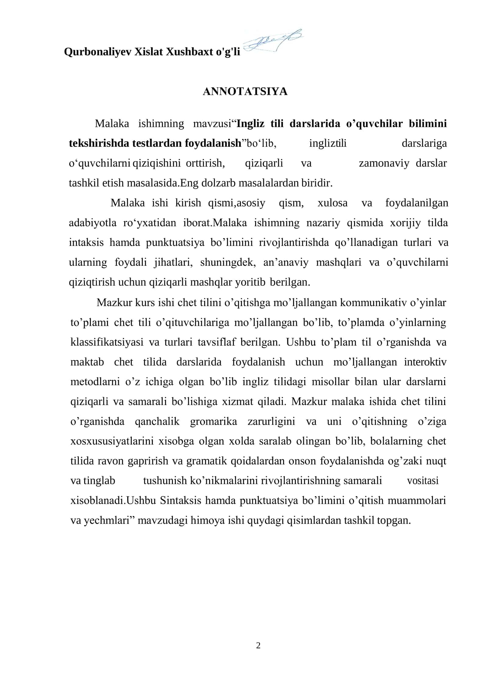 Ingliz tili darslarida o’quvchilar bilimini tekshirishda testlardan foydalanish 2
