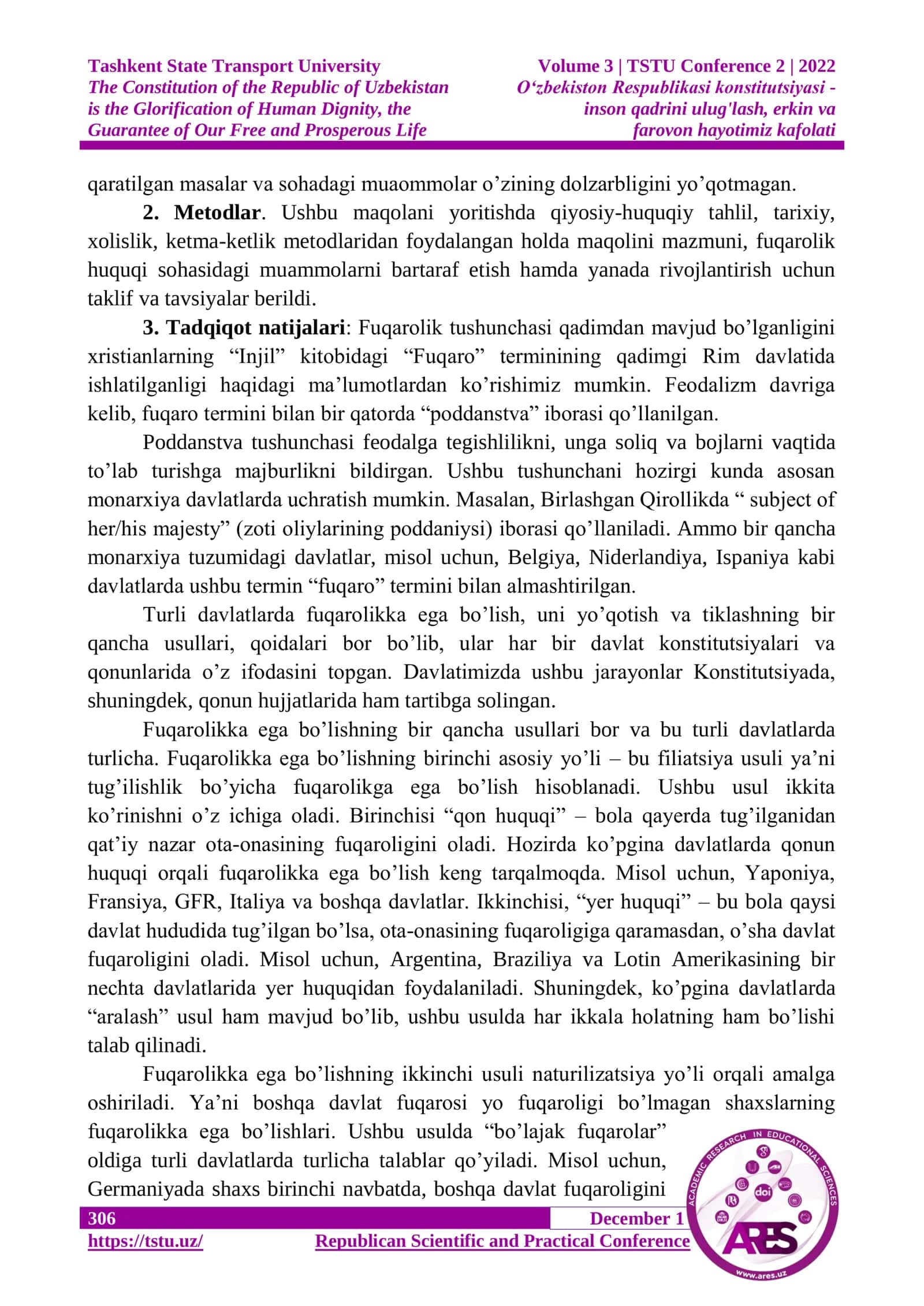 FUQAROLIK HUQUQI: O’ZBEKISTON RESPUBLIKASINING YANGI KONSTITUTSIYASI VA XORIJIY DAVLATLAR KONSTITUTSIYALARIDA 2