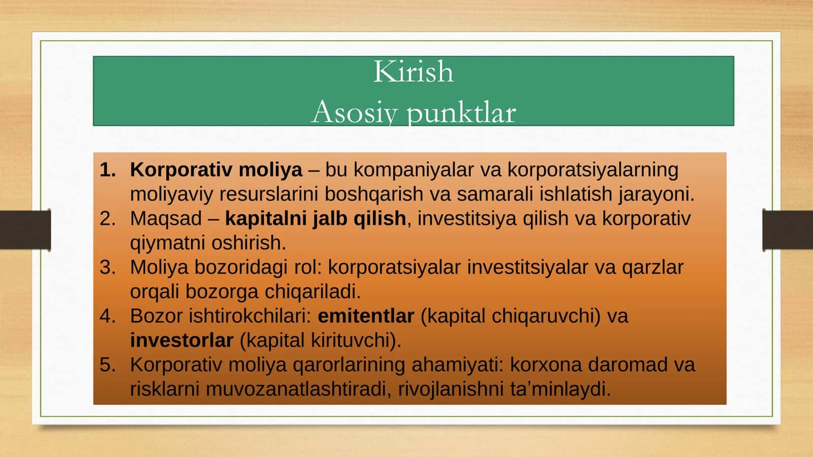 Moliya bozorida korporativ tuzilmalarningning roli : emitent va investor sifatida va Pulning vaqt bo'yicha qiymatiga ta'sir qiluvchi omillar va diskont stavkalarning belgilanishi 2