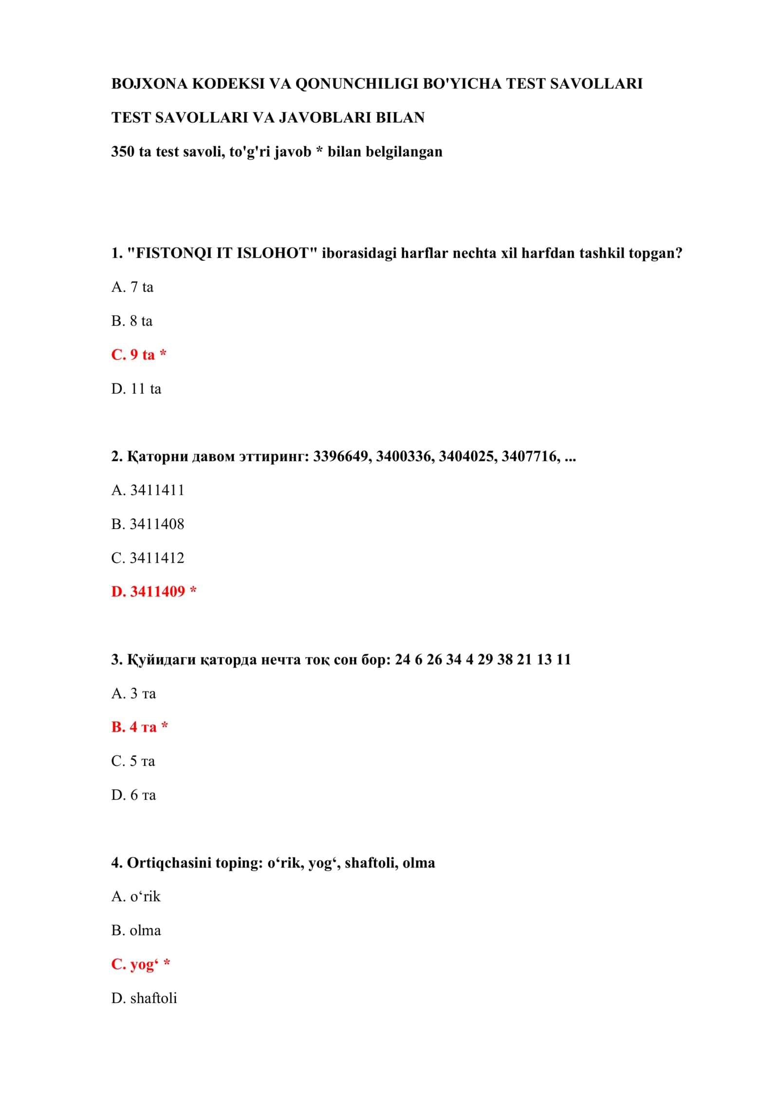 BOJXONA KODEKSI VA QONUNCHILIGI BO'YICHA TEST SAVOLLARI 2