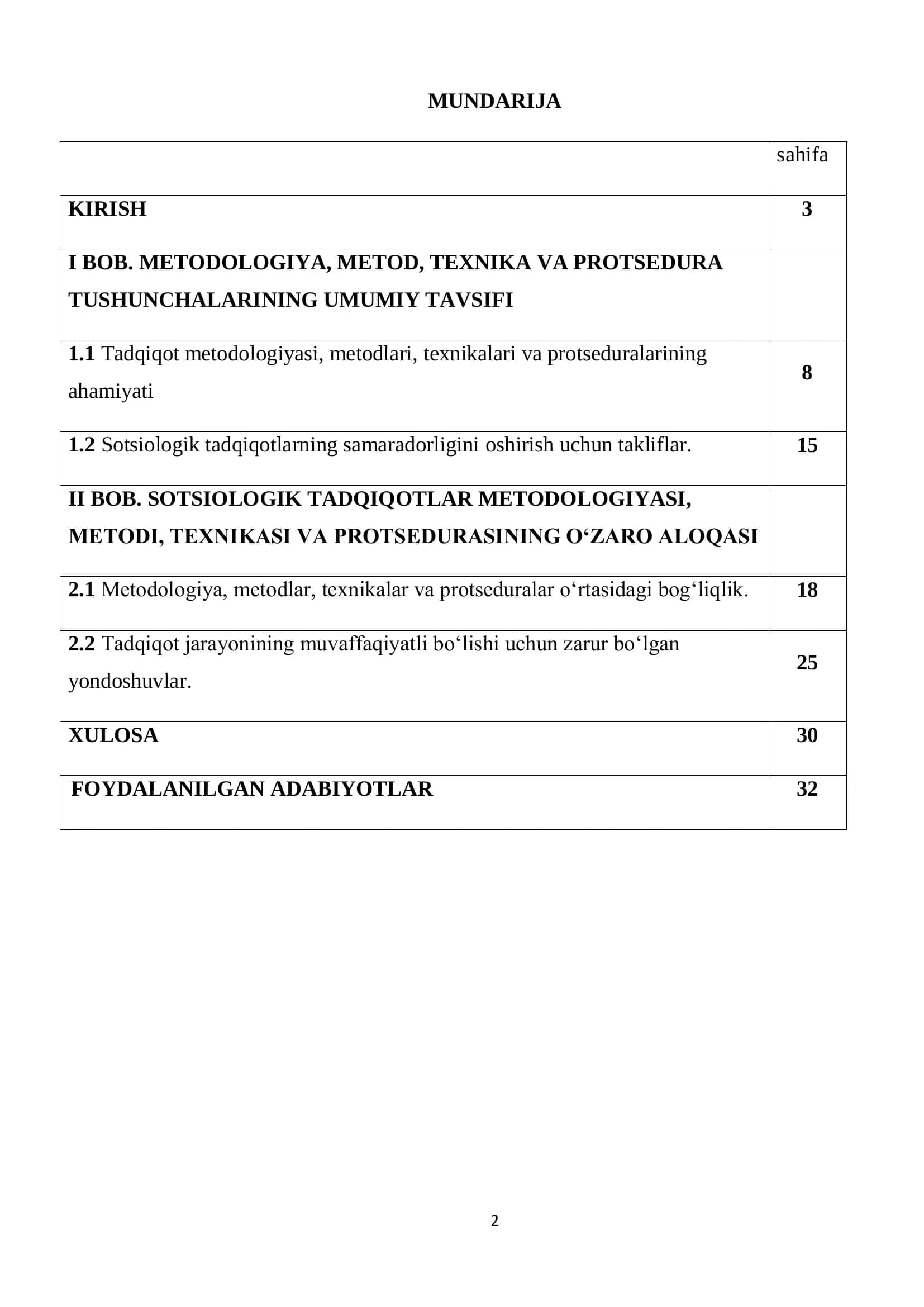 Sotsiologik tadqiqotlar metodologiyasi, metodi, texnikasi va protsedurasi tushunchalarining tavsifi” 2