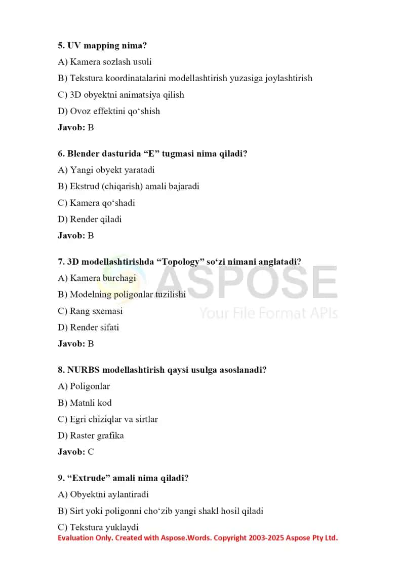 3D modellashtirishdan 50 ta test savoli va javoblari bilan 2