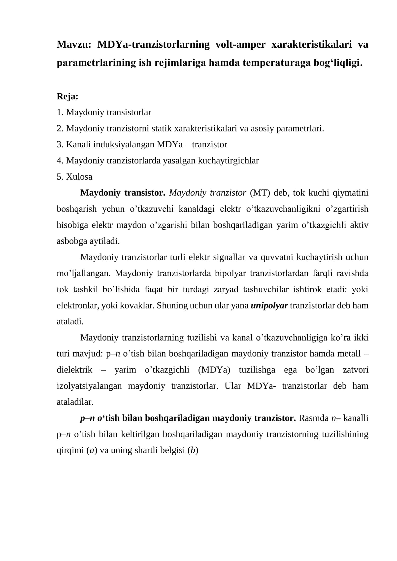 MDYa-tranzistorlarning volt-amper xarakteristikalari va parametrlarining ish rejimlariga hamda temperaturaga bog‘liqligi. 2