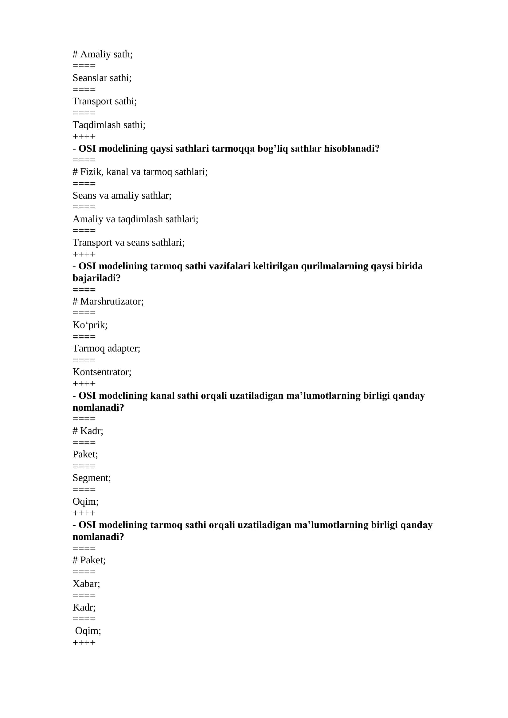Multimedia aloqa tarmoqlari test savollari javoblari 2