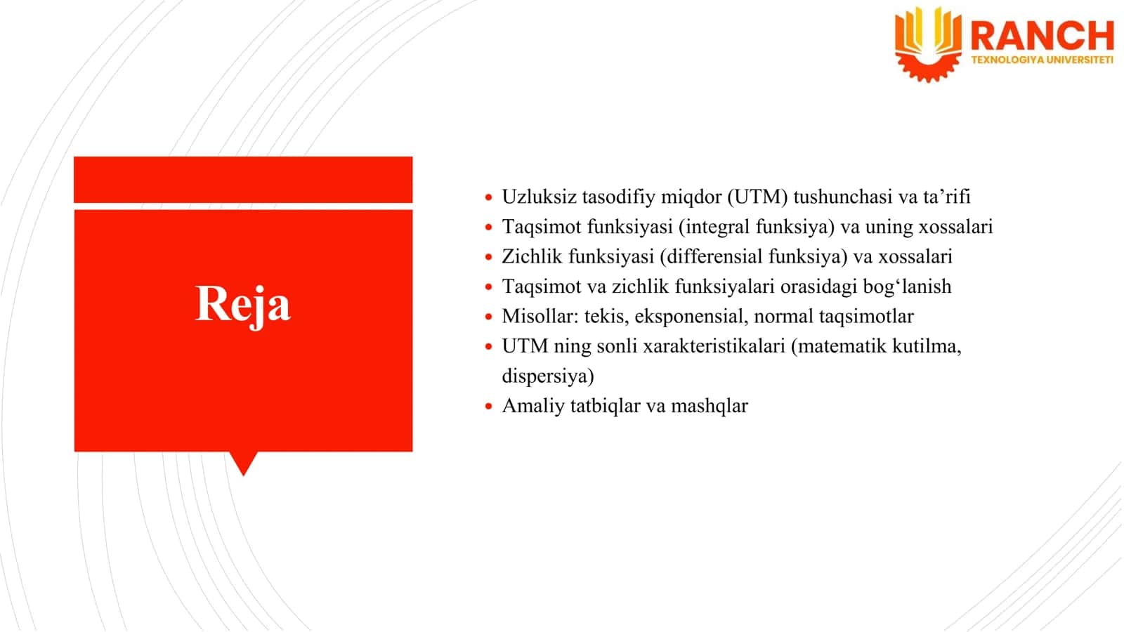 Uzluksiz tasodifiy miqdorning taqsimoti va zichlik funksiyalari 2