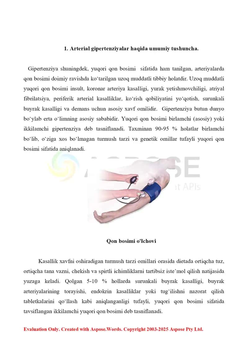 6. Arterial gipertenziyalar, patofiziologiyasi, davolash usullari. Referat 9 bet. 2
