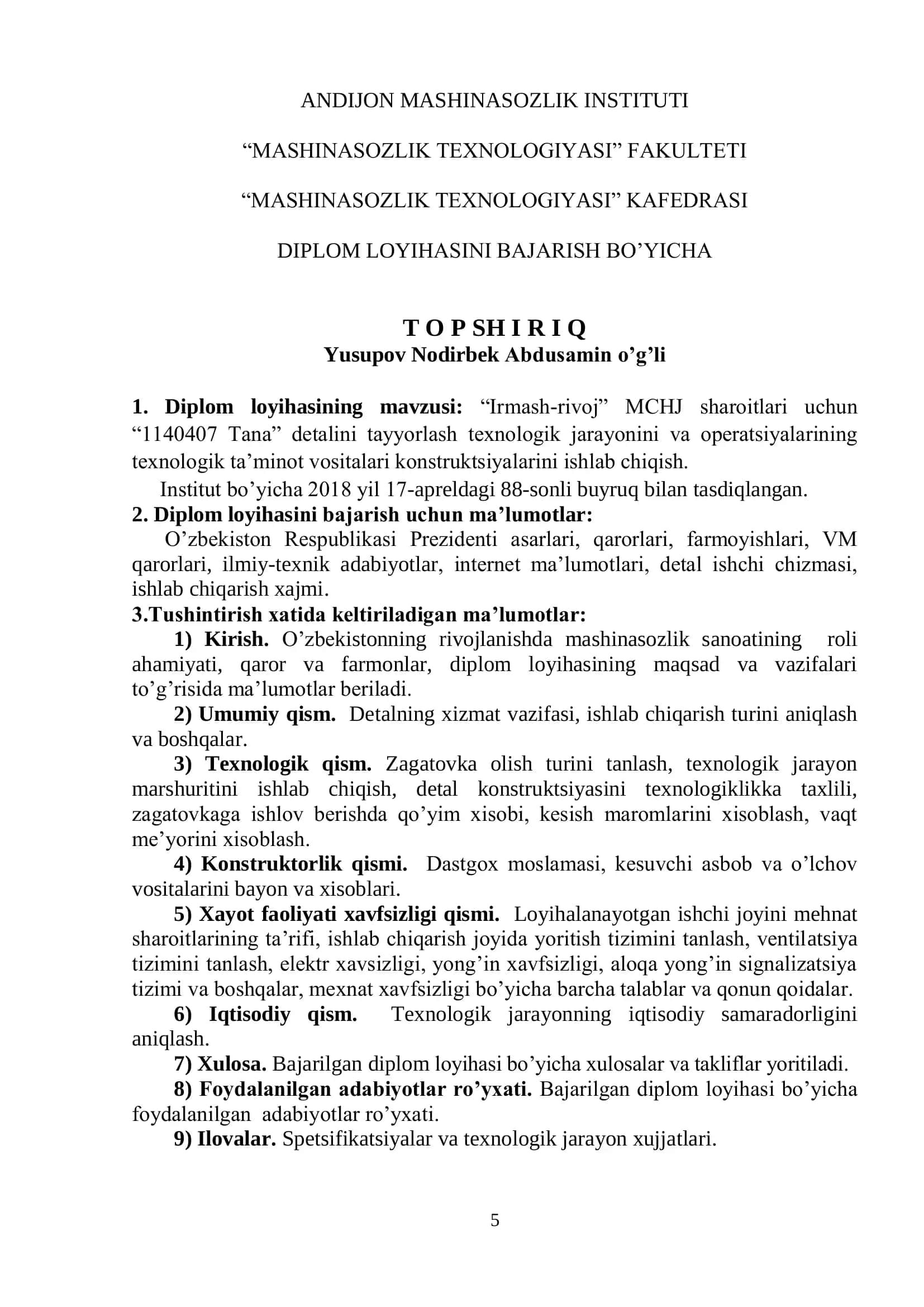 Mashinasozlik texnologiyasi diplom loyihasi 2