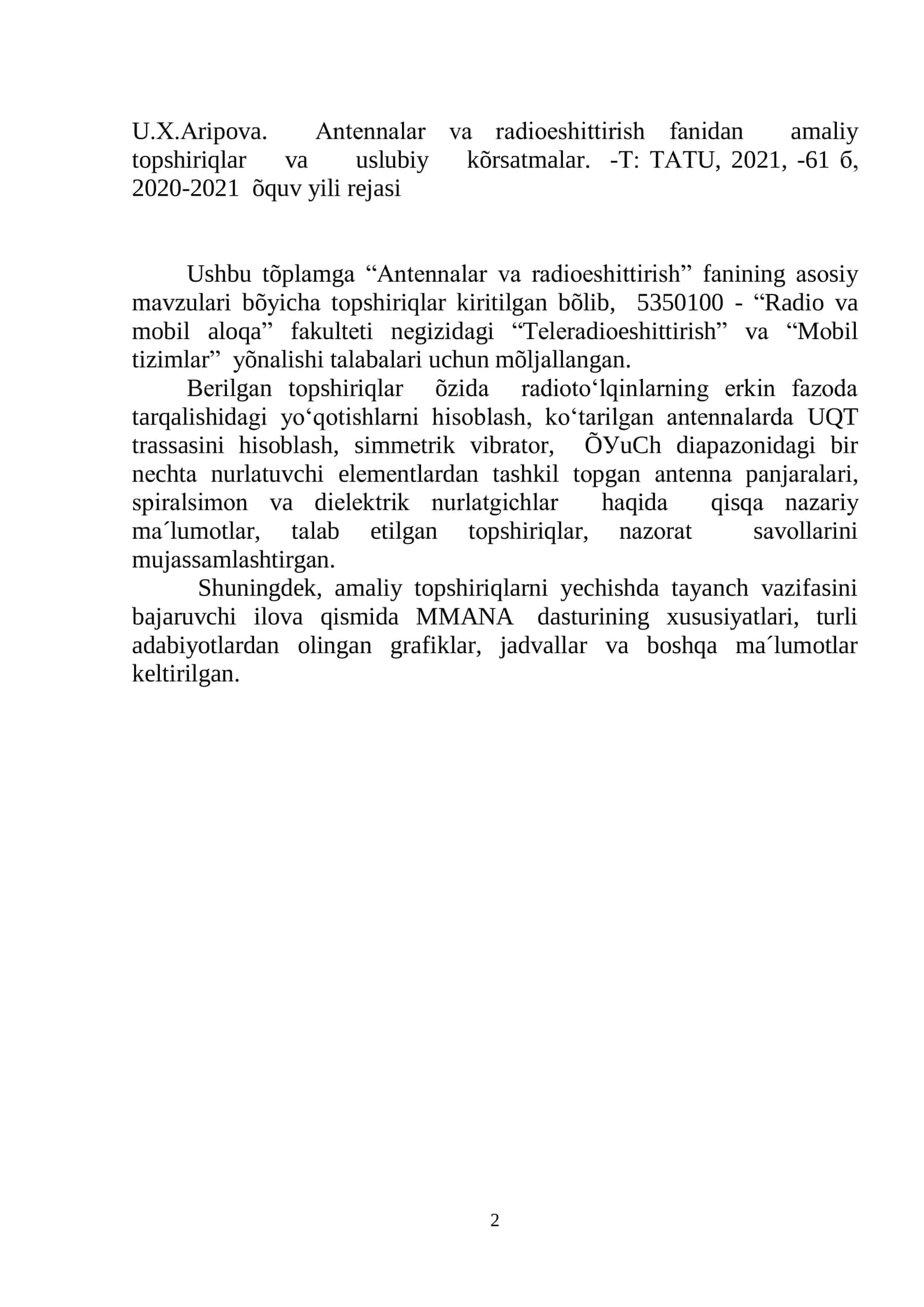 Аntеnnаlar va radioeshittirish fаnidan amaliy topshiriqlar va uslubiy kõrsatmalar 2