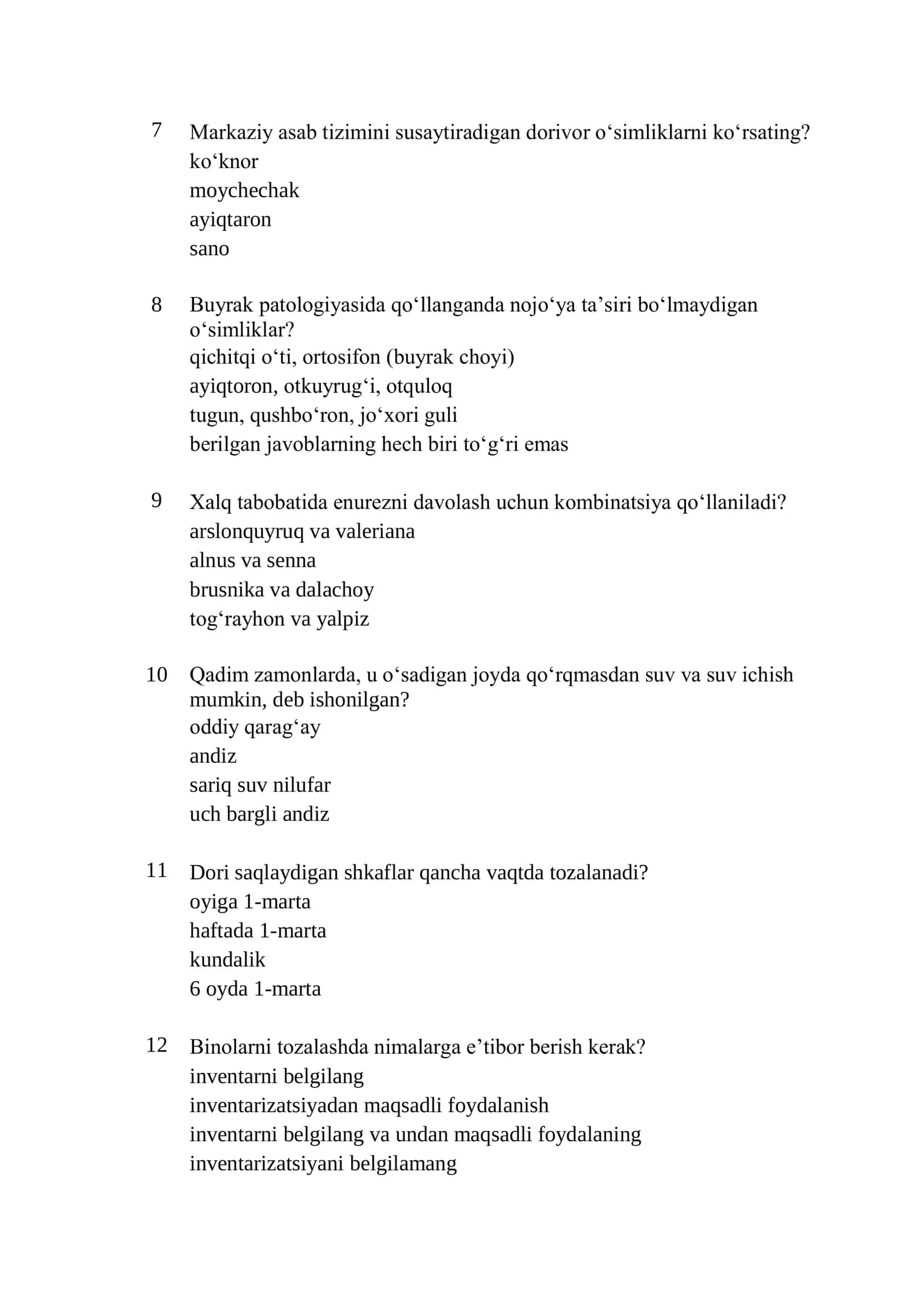 Farmatsiya (Fitobar oʻrta tibbiyot xodimlari) mutaxassisligi boʻyicha shakllantirilgan test savollari roʻyxati 2
