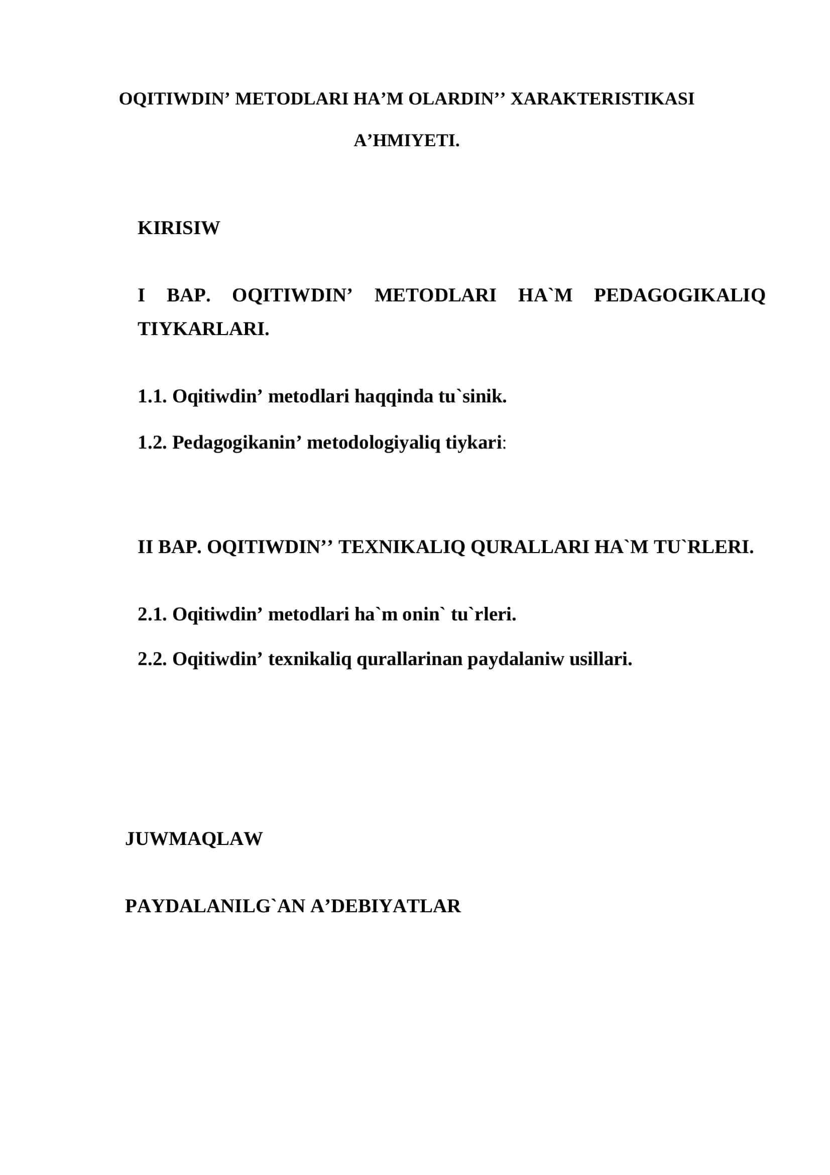 OQITIWDIN’ METODLARI HA’M OLARDIN’’ XARAKTERISTIKASI A’HMIYETI 2