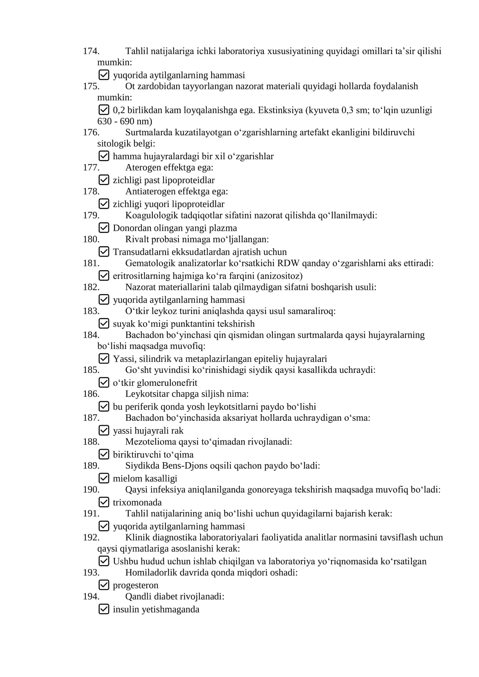 Argos test savollari javoblari bilan. Klinik laboratoriya mutaxasisligi 2