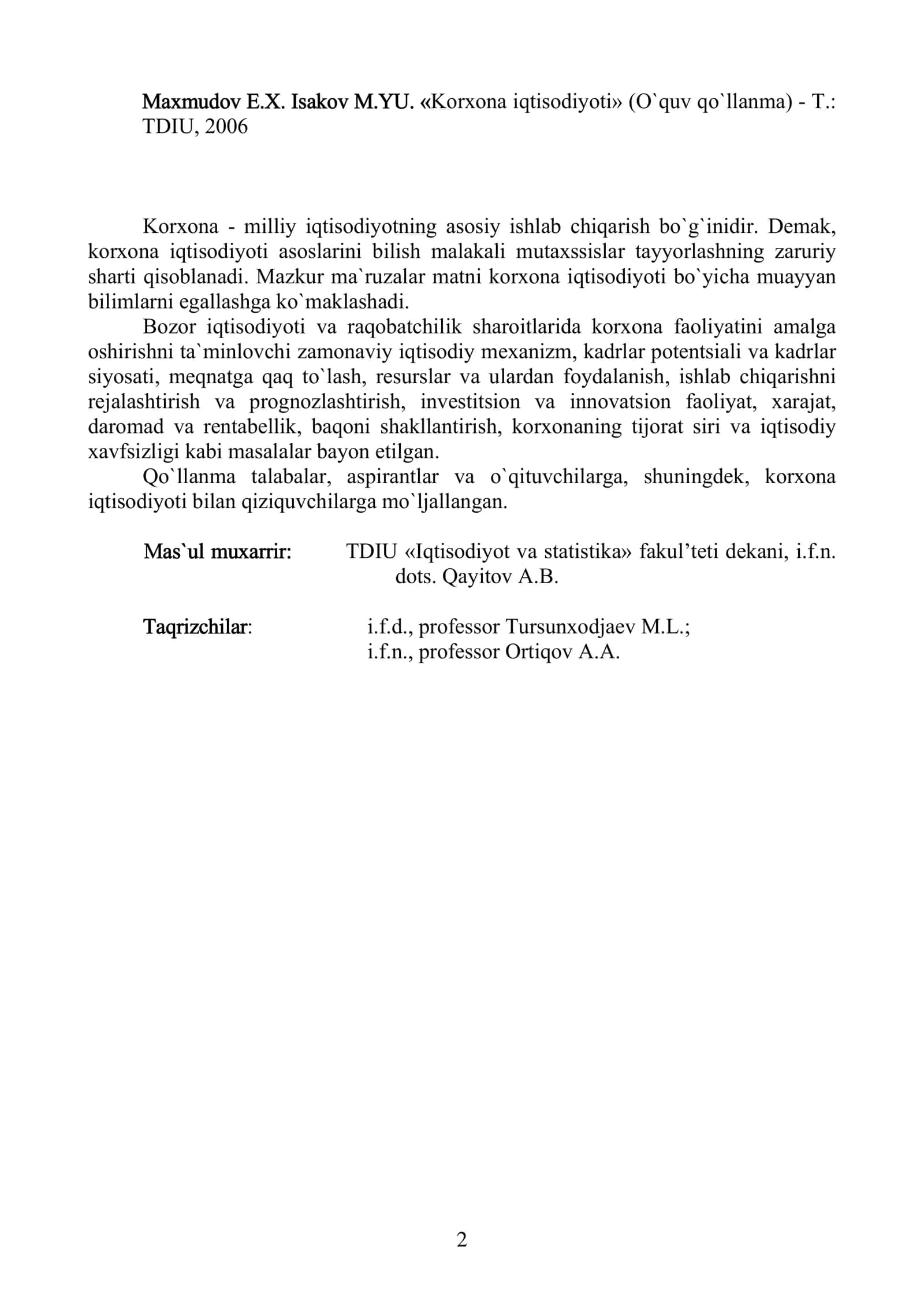 Korxona iqtisodiyoti (O'quv qo'llanma) 2