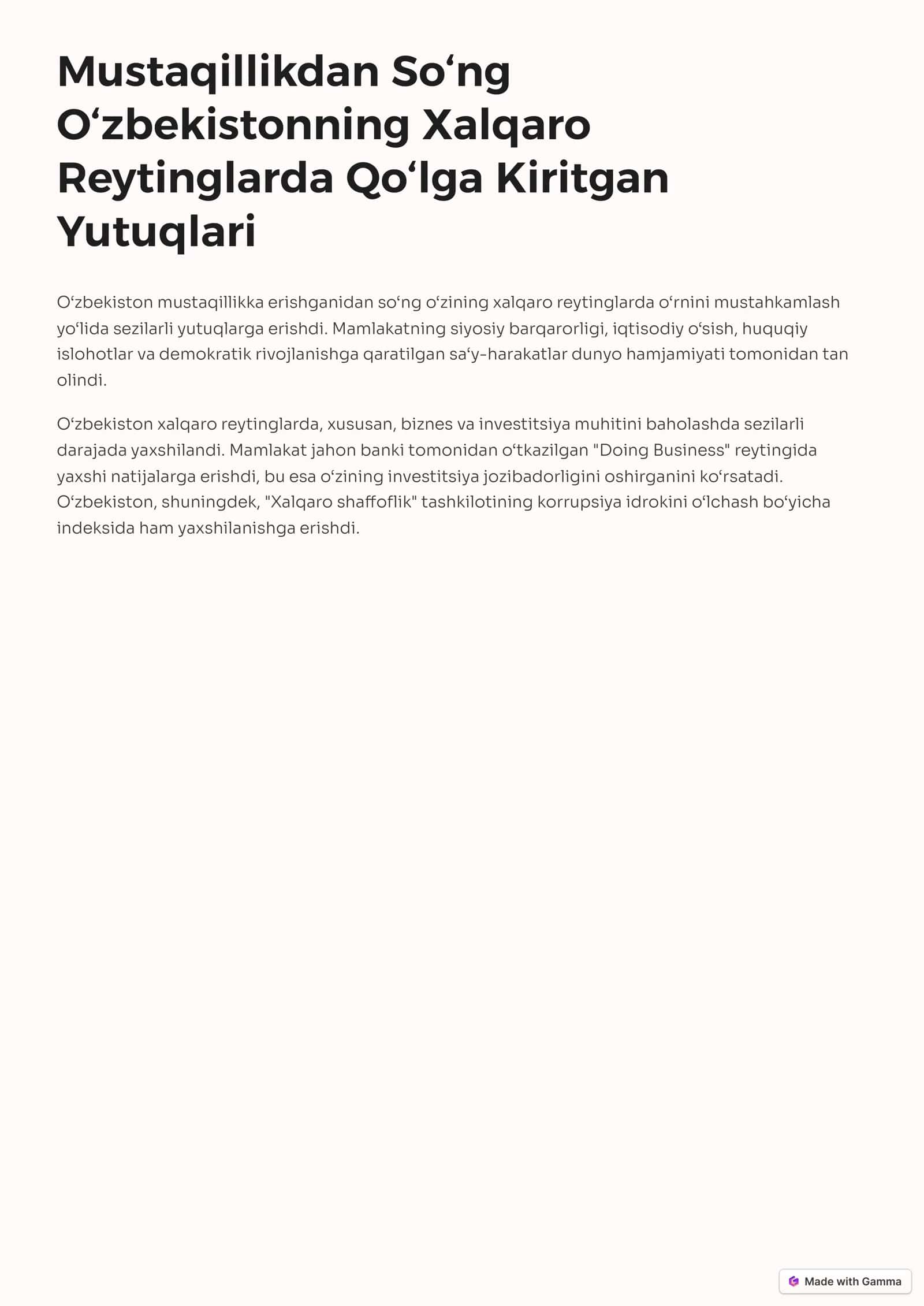 O‘zbekistonning Xalqaro Reytinglardagi Ko‘rsatkichlarini Ko‘tarishning Tarixiy va Siyosiy Ahamiyati 2