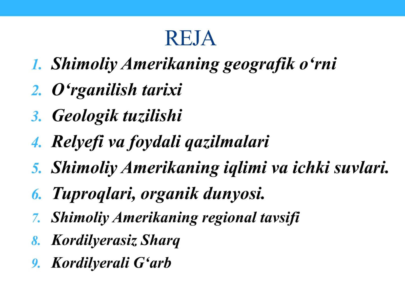 SHIMOLIY AMERIKANING GEOGRAFIK O‘RNI, GEOLOGIK TUZILISHI, RELYEFI, FOYDALI QAZILMALARI. SHIMOLIY AMERIKANING IQLIMI VA ICHKI SUVLARI. TUPROQLARI, ORGANIK DUNYOSI. SHIMOLIY AMERIKA TABIIY GEOGRAFIK RAYONLARI 2