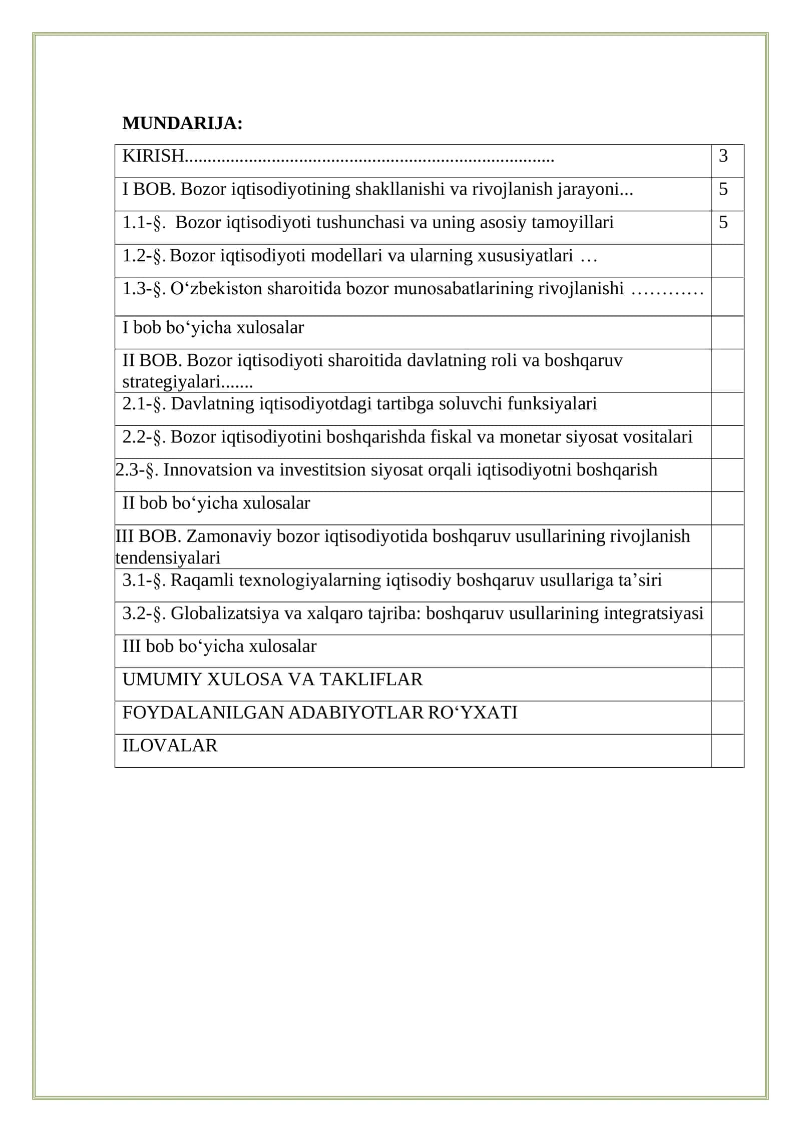 MAVZU: Bozor iqtisodiyotini boshqarish usullari MIKROIQTISODIYOT FANIDAN KURS ISHI 2