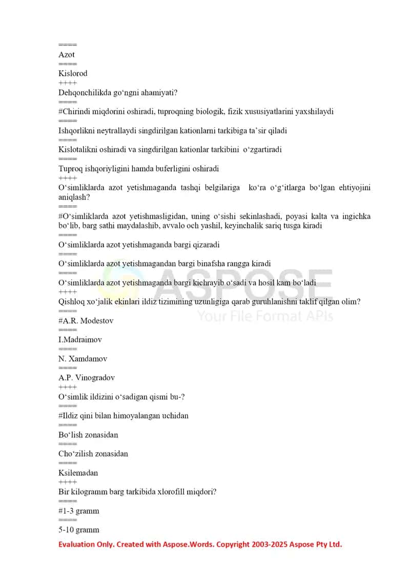 Test savollari (o‘simlik fiziologiyasi va oziqlanishi) 2