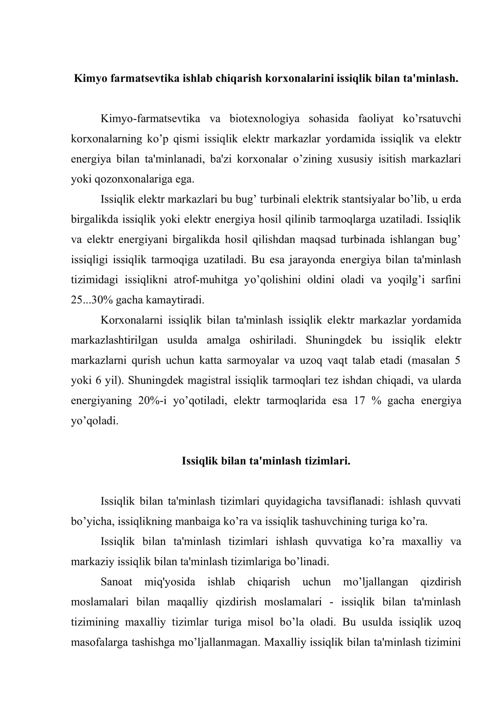 Kimyo farmatsеvtika ishlab chiqarish korxonalarini issiqlik bilan ta'minlash. Issiqlik bilan ta'minlash tizimlari 2