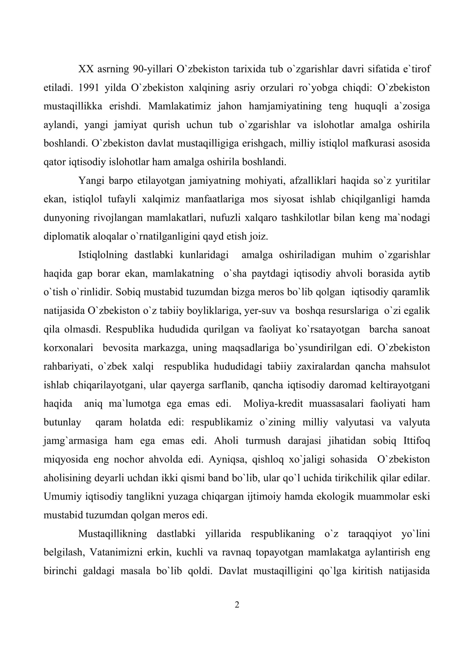 Taraqqiyotning o`zbek modeli, uni hayotga tatbiq etish borasida erishilgan yutuqlar 2
