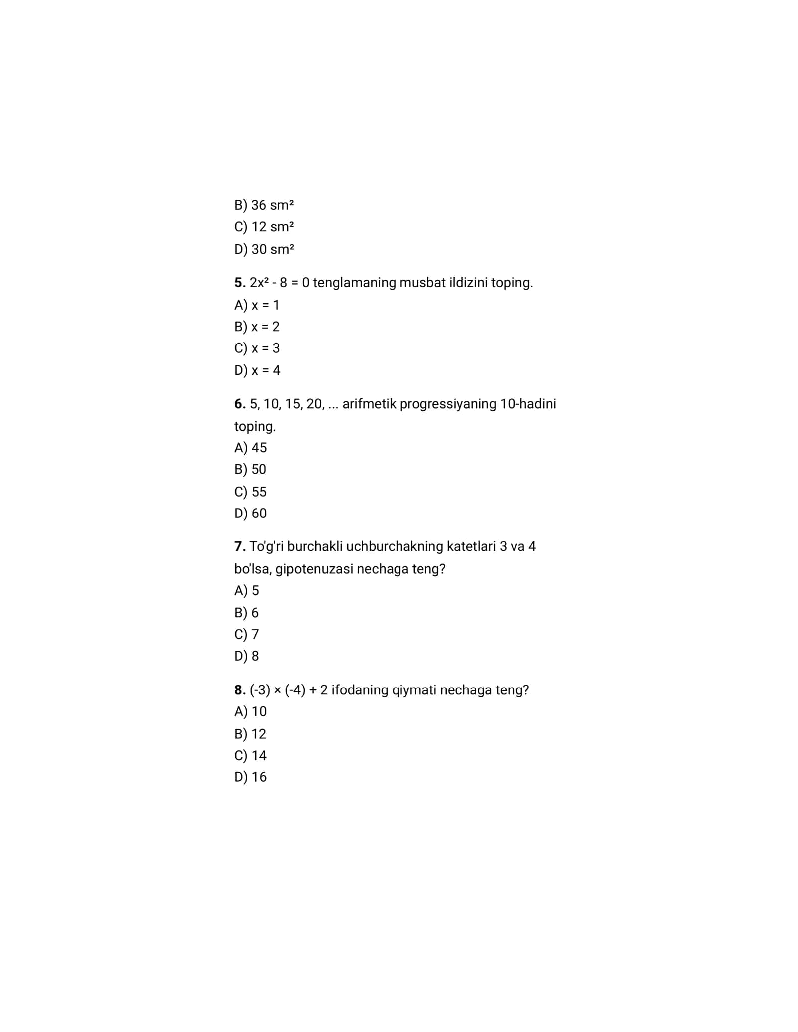 MATEMATIKA — TEST (10 ta savol) 2