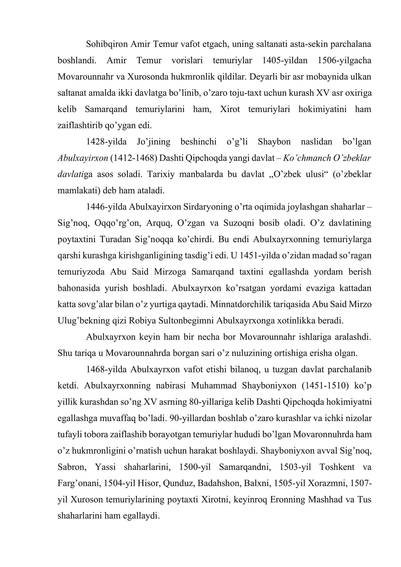 O’zbekiston hududlarining xonliklarga bo’linib ketishi, uning sabablari va oqibatlari 2