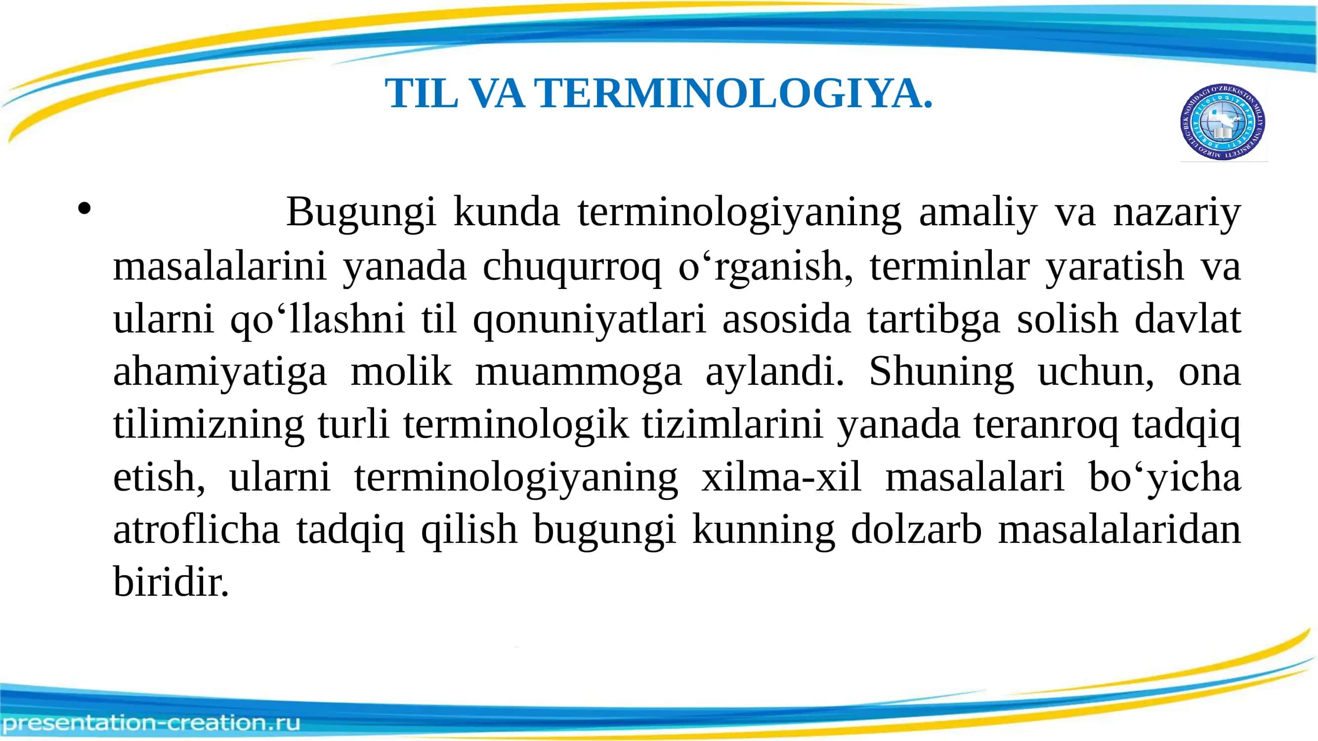 Til va terminologiya . O‘zbek terminologiyasining taraqqiyot bosqichlari . Tilning lug‘at tarkibi . O‘zbek leksikografiyasi . Umumiy va maxsus lug‘atlar . Sohaviy lug‘atlarda terminlar . Tezaurus haqida ma’lumot 2