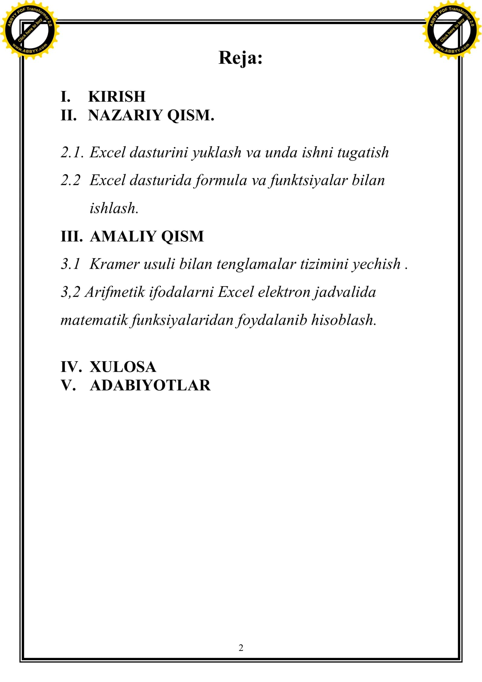 Excel elektron jadval dasturida Kramer usuli bilan tenglamalar tizimini yechish 2