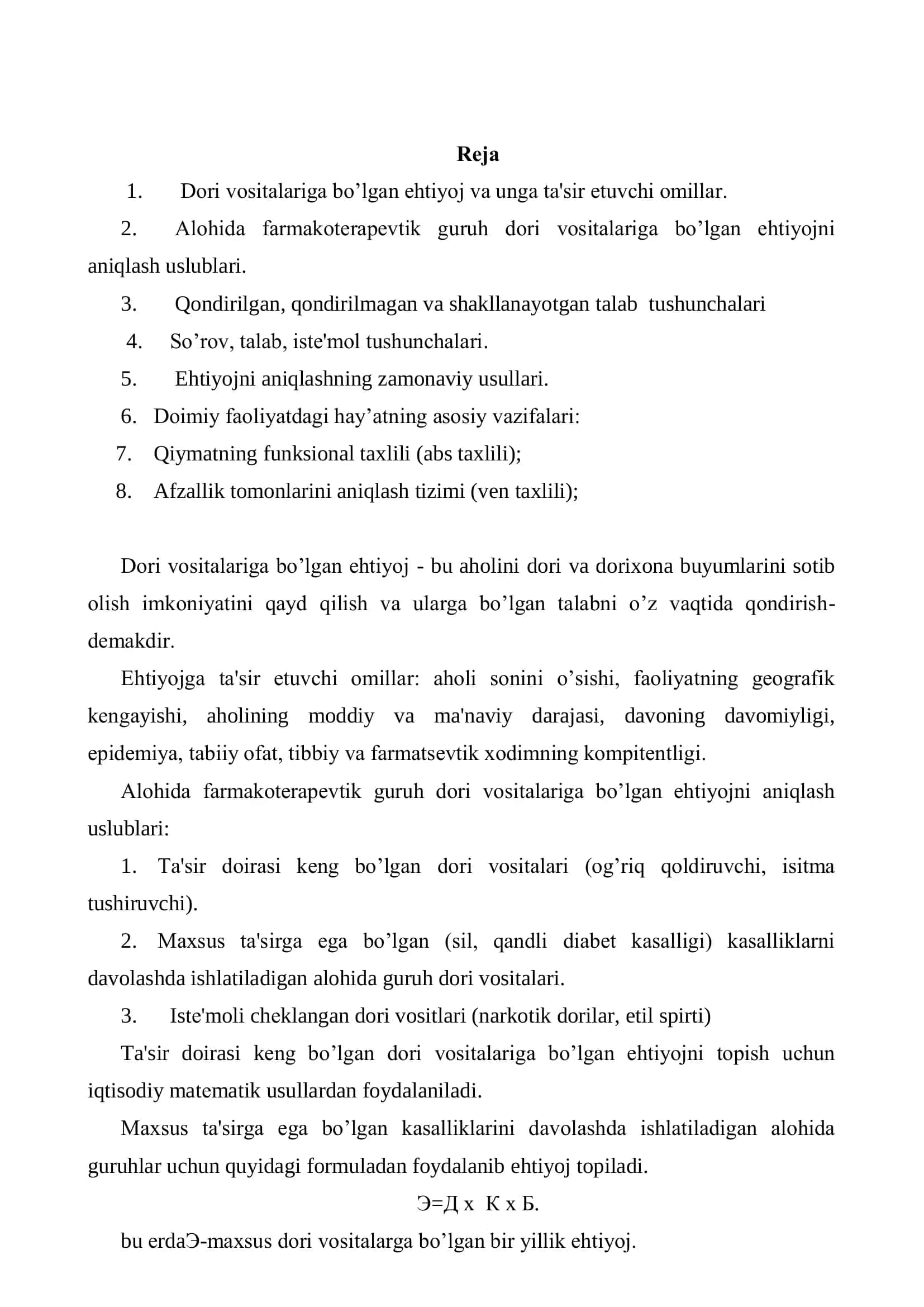 Dori vositalariga bo’lgan ehtiyoj va talab istiqbolini aniqlash 2