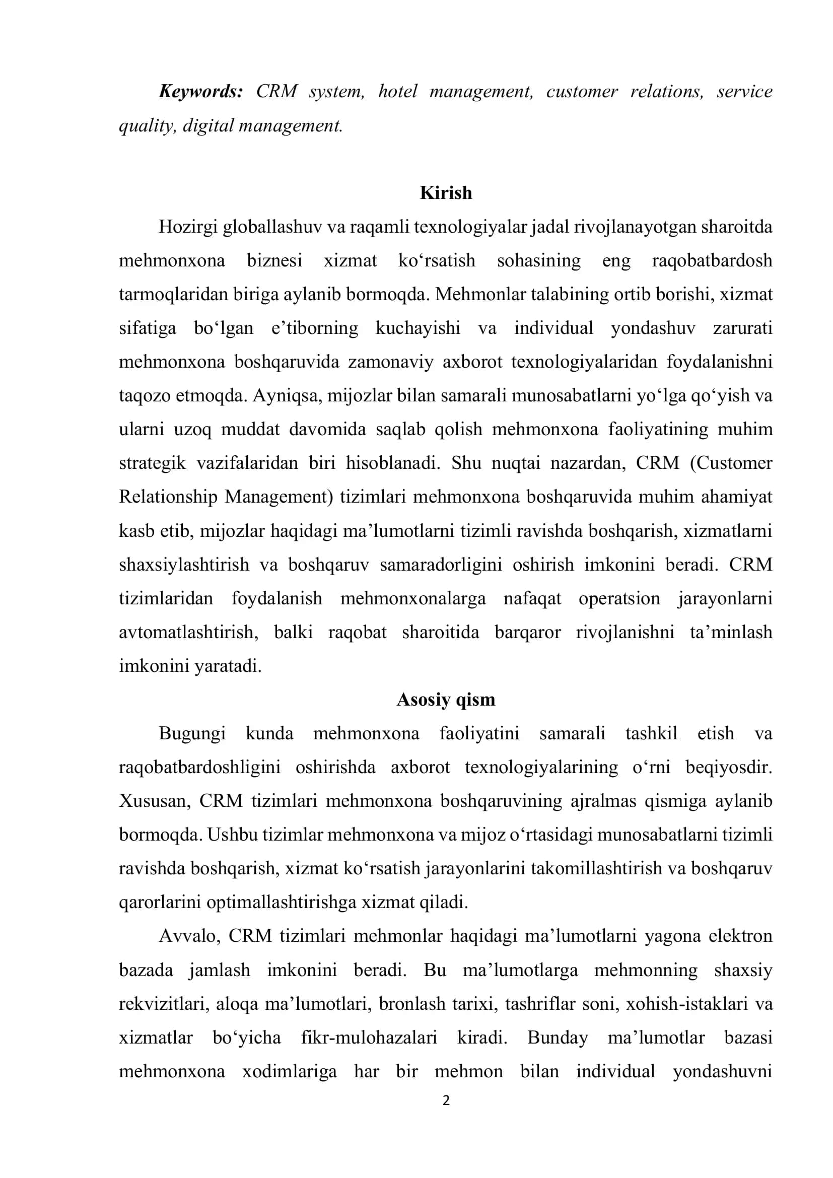 CRM TIZIMLARINING MEHMONXONA BOSHQARUVIDAGI OʻRNI 2