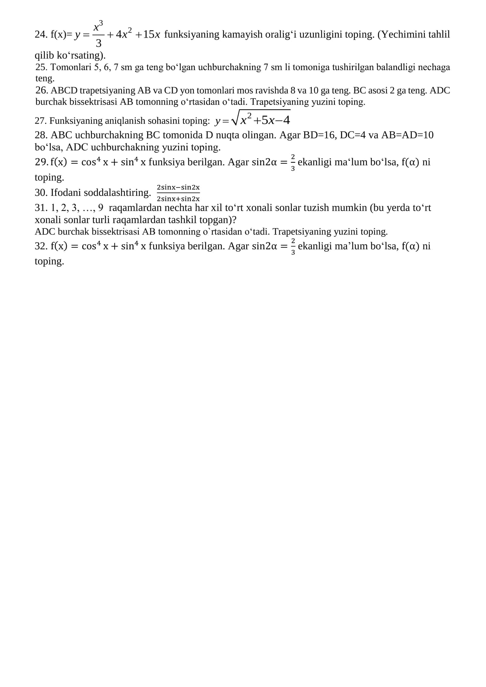 Matematika va informatika ta’lim yo‘nalishi 5-kurs (sirtqi) talabalari uchun mustaqil ta’lim uchun joriy nazorat topshiriq savollari 2