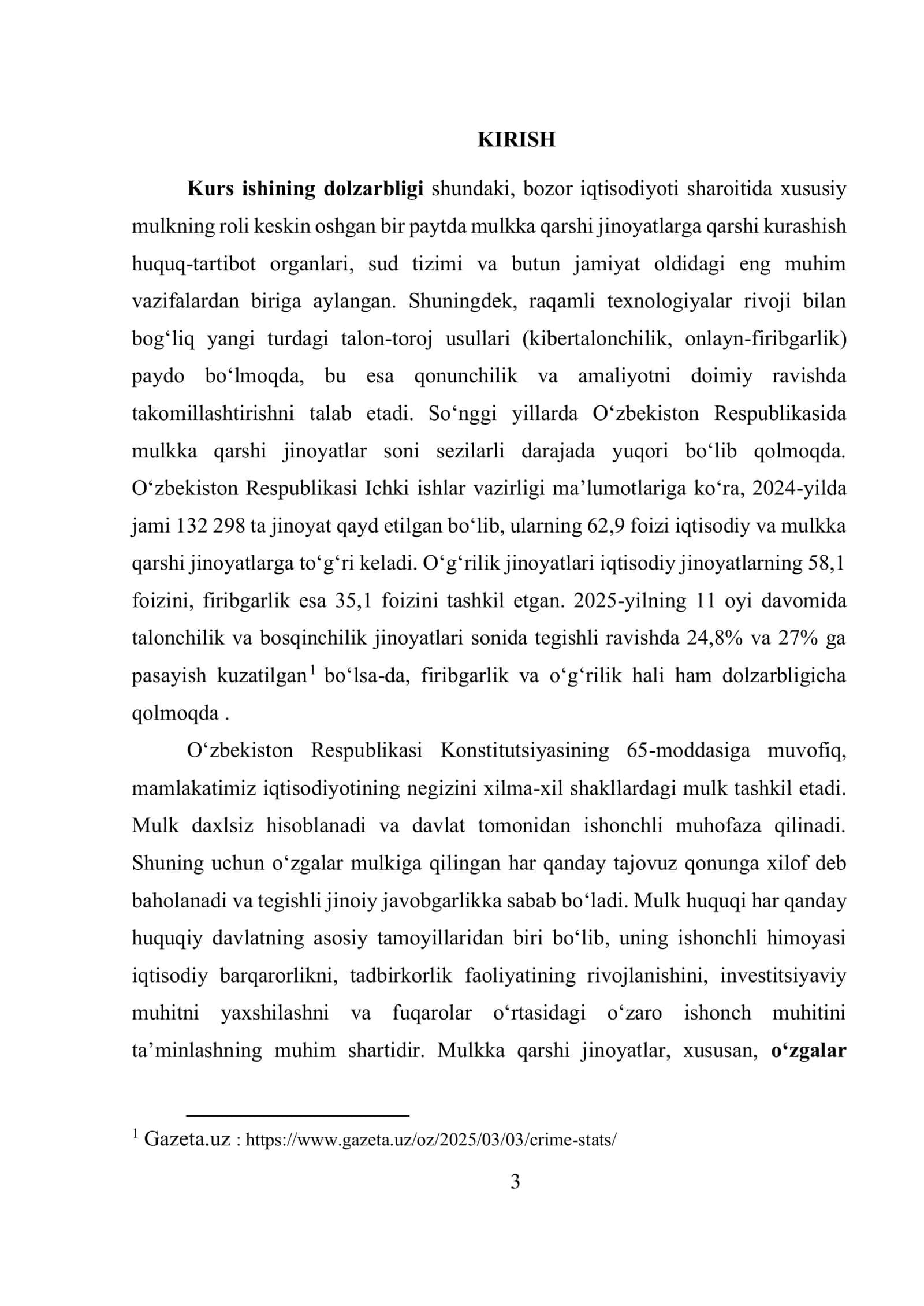 Jinoyat huquqi. Oʻzgalarni mulkini talon taroj qilish boyicha tushuncha kurs ishi 2