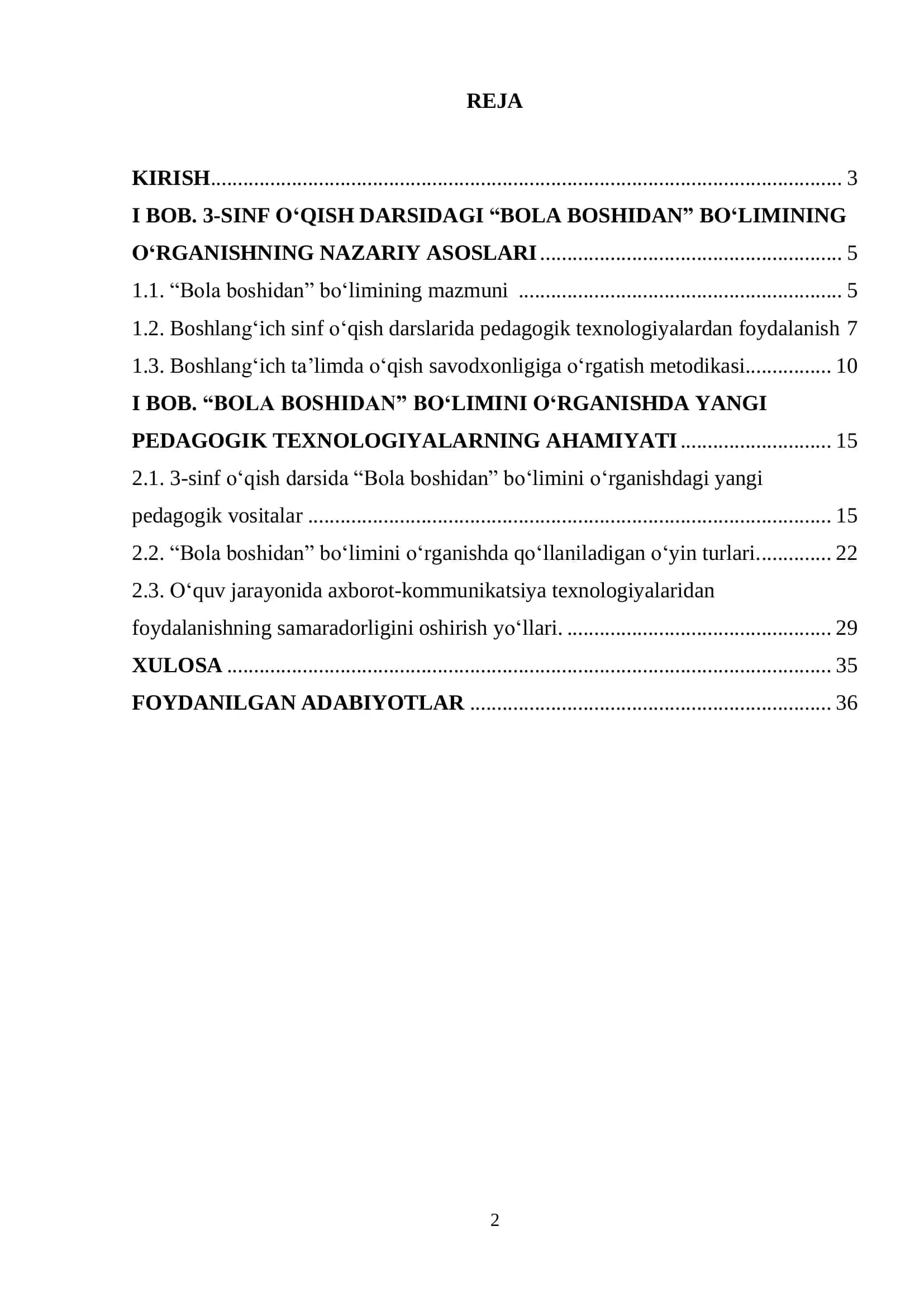 3-sinf o‘qish savodxonligi darsligidagi "Bola boshidan" bo‘limini yangi pedagogik texnologiyalar vositasida o‘rganish 2
