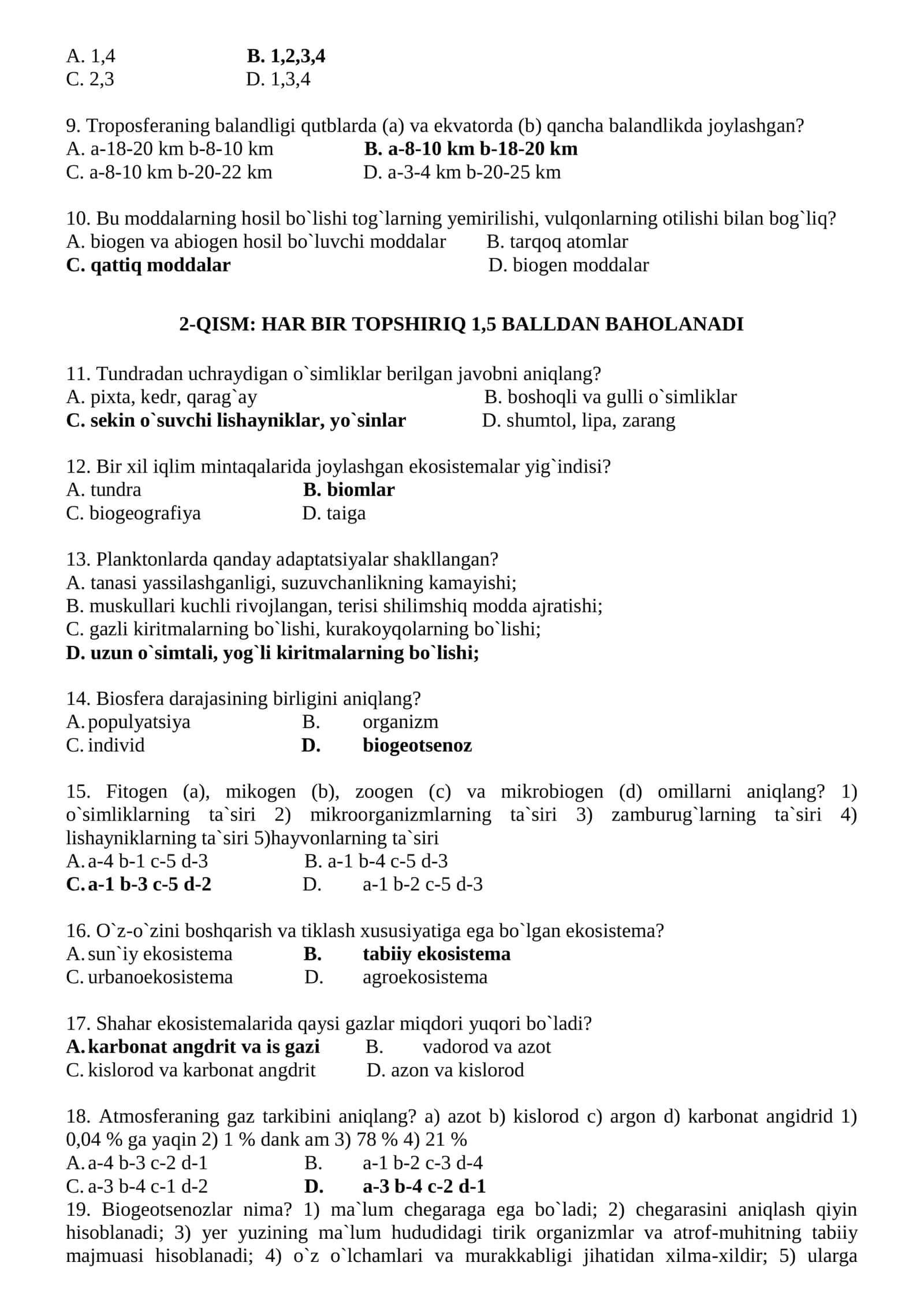 Olimpiada savol va javoblari 11-sinf o'quvchilari uchun biologiy fanidan 2