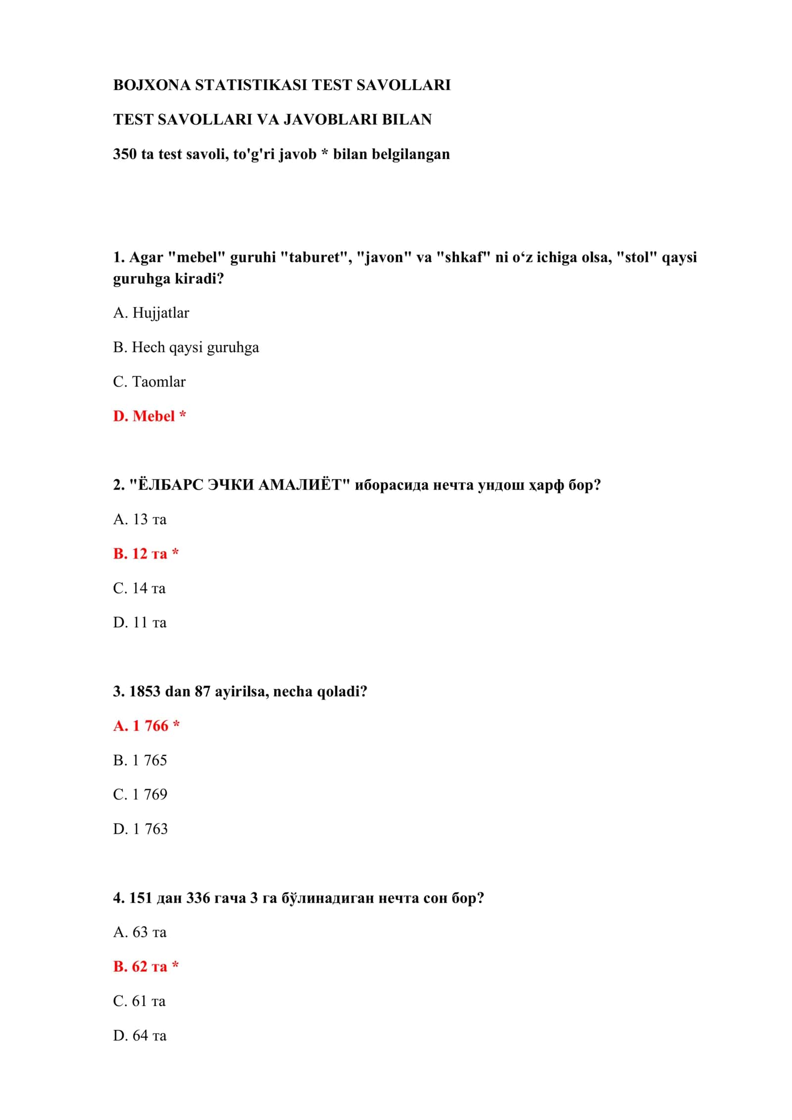 BOJXONA STATISTIKASI TEST SAVOLLARI 2