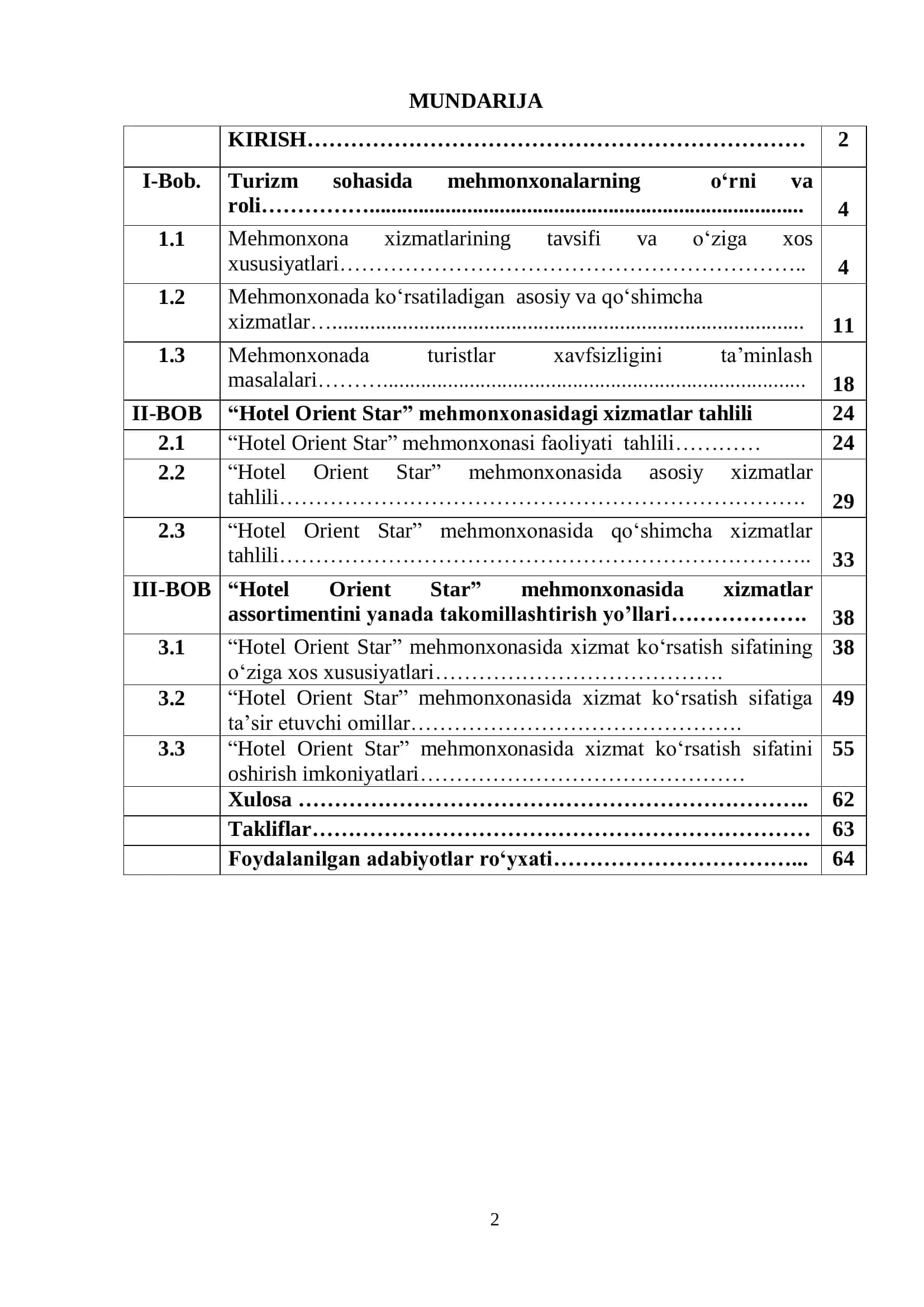 Hotel Orient Star mehmonxonasida xizmatlar assortimentini oshirish yo‘llari 2