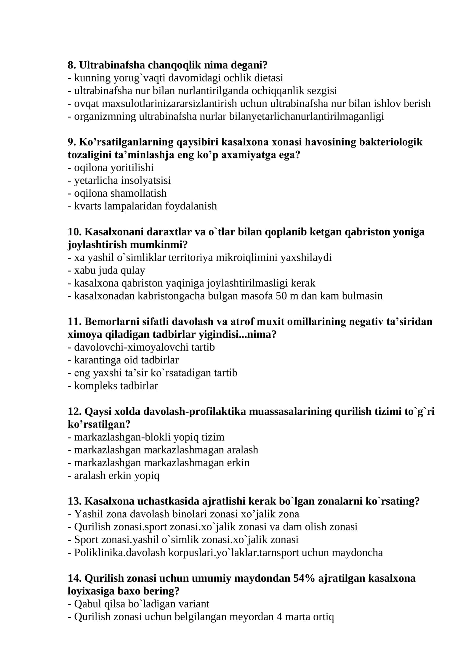 Tibbiy ekologiya mutaxassisligi bo'yicha shakllantirilgan test savollari ro'yxati 2026 2